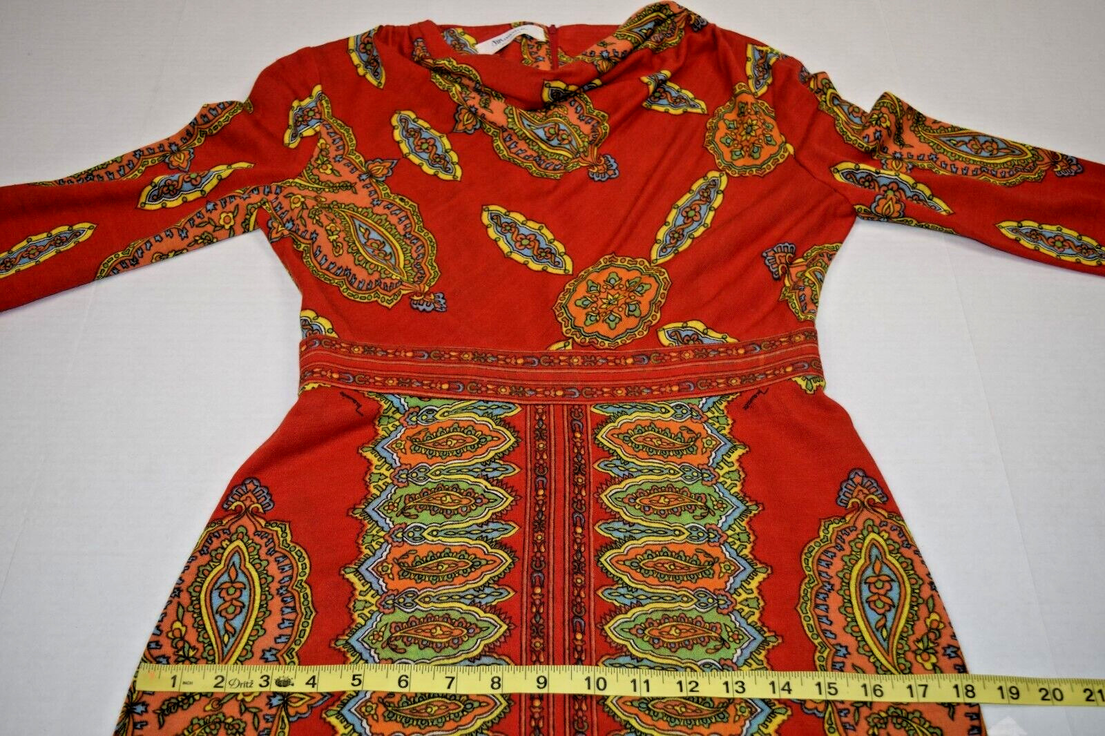 Vintage Maxi Dress Maurice Siz S/M 60s Rusty Orange Kaleidoscopic Print Back Zip