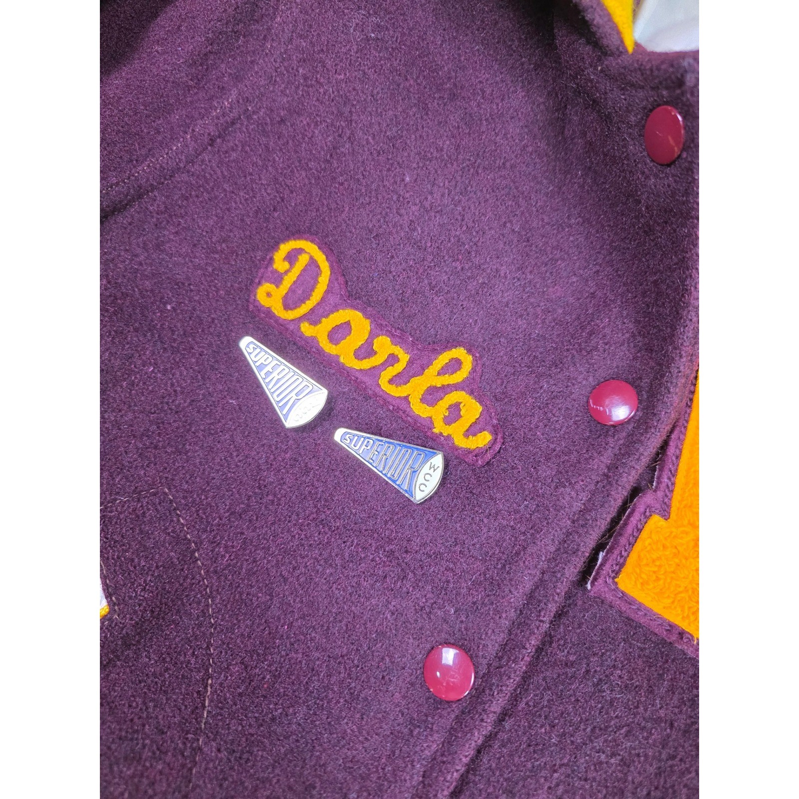 Vintage 80s Wool Cheerleader Letterman Varsity Jacket Maroon Gold Hooded Womens