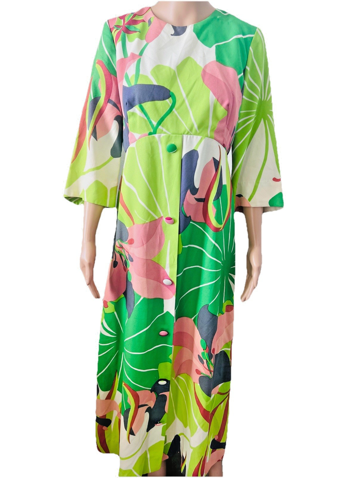 VTG 70s Malia Honolulu Maxi Dress Psychedelic Floral Print ¾ Sleeve Muumuu Sz 14