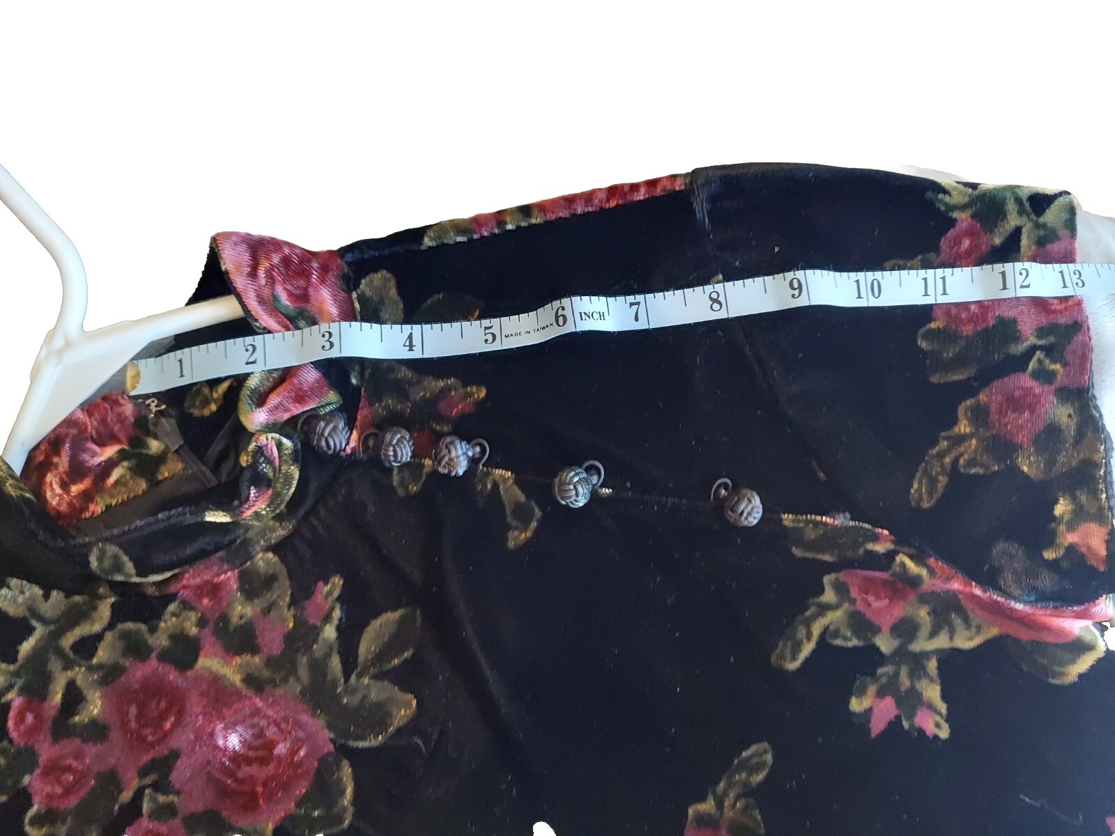 Vtg Long Black Floral Velvet Cheongsam Short Sleeved Sz 6 Erika Eriksson