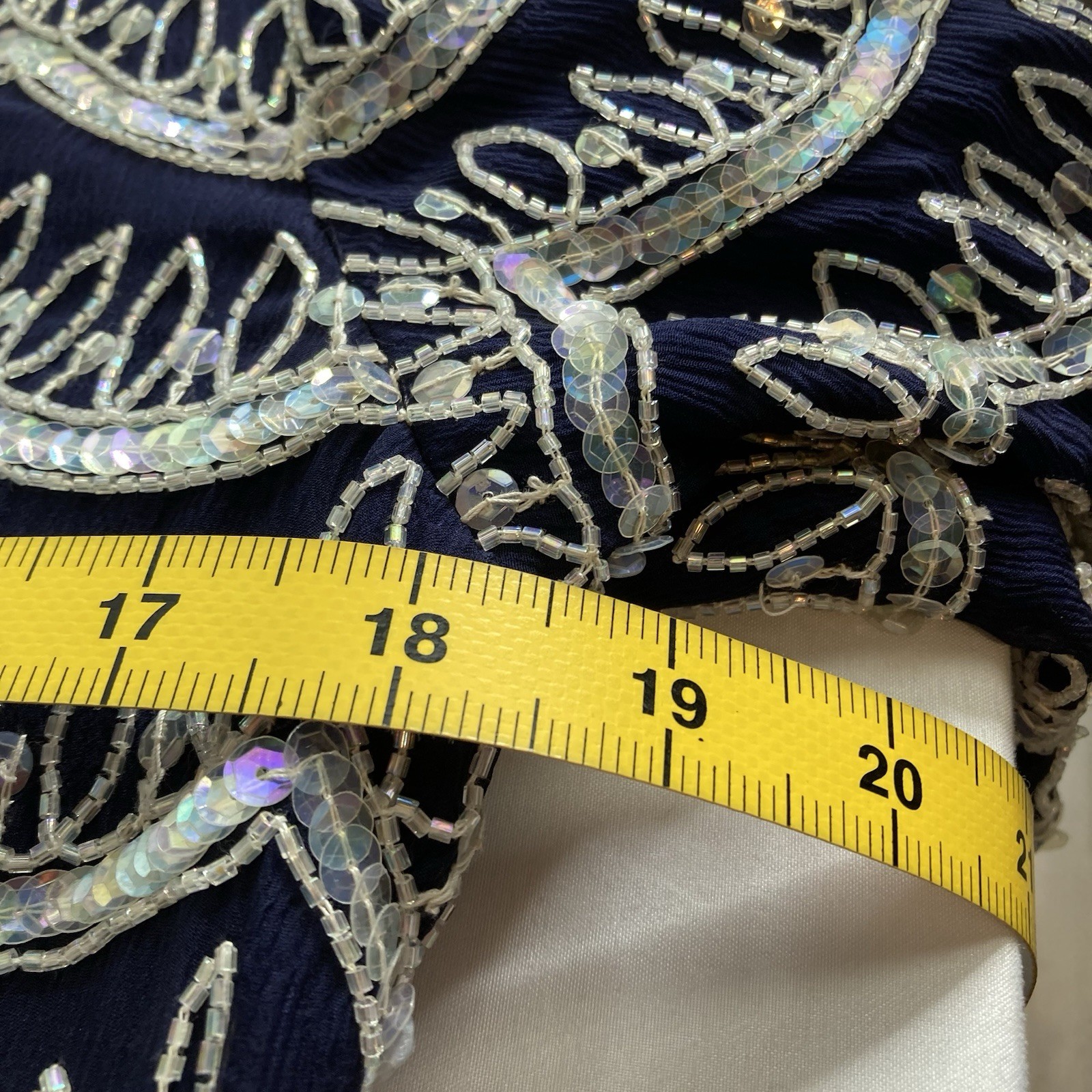 VTG 80s Frank Usher Navy 100% Silk Beaded Top Sz S Silver Sequin Evening Blouse