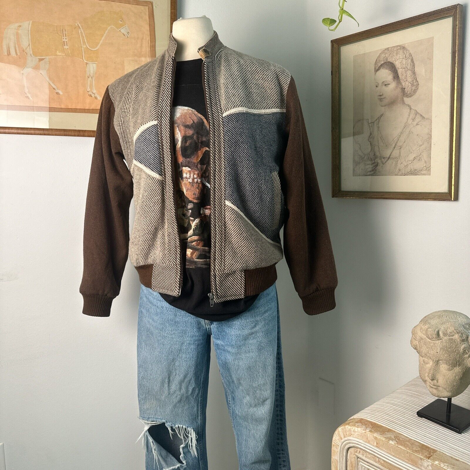 Vintage Patchwork Wool Bomber Jacket – Timeless Style with a Retro Edge
