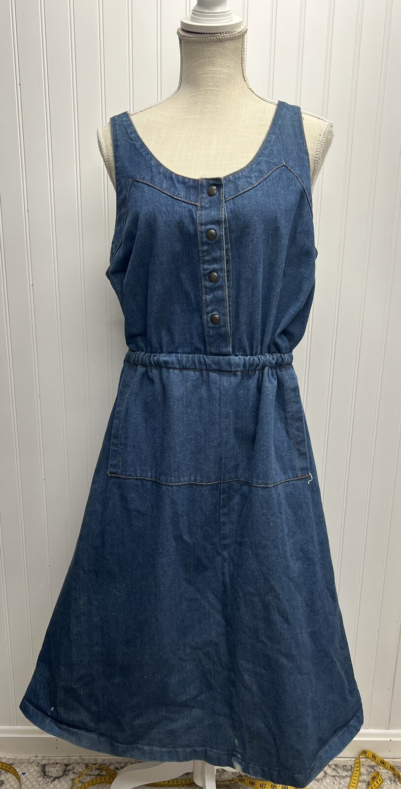Vintage Young Stuff Denim Jumper Dress Tie Waist Kangaroo Pocket Sz 40/L