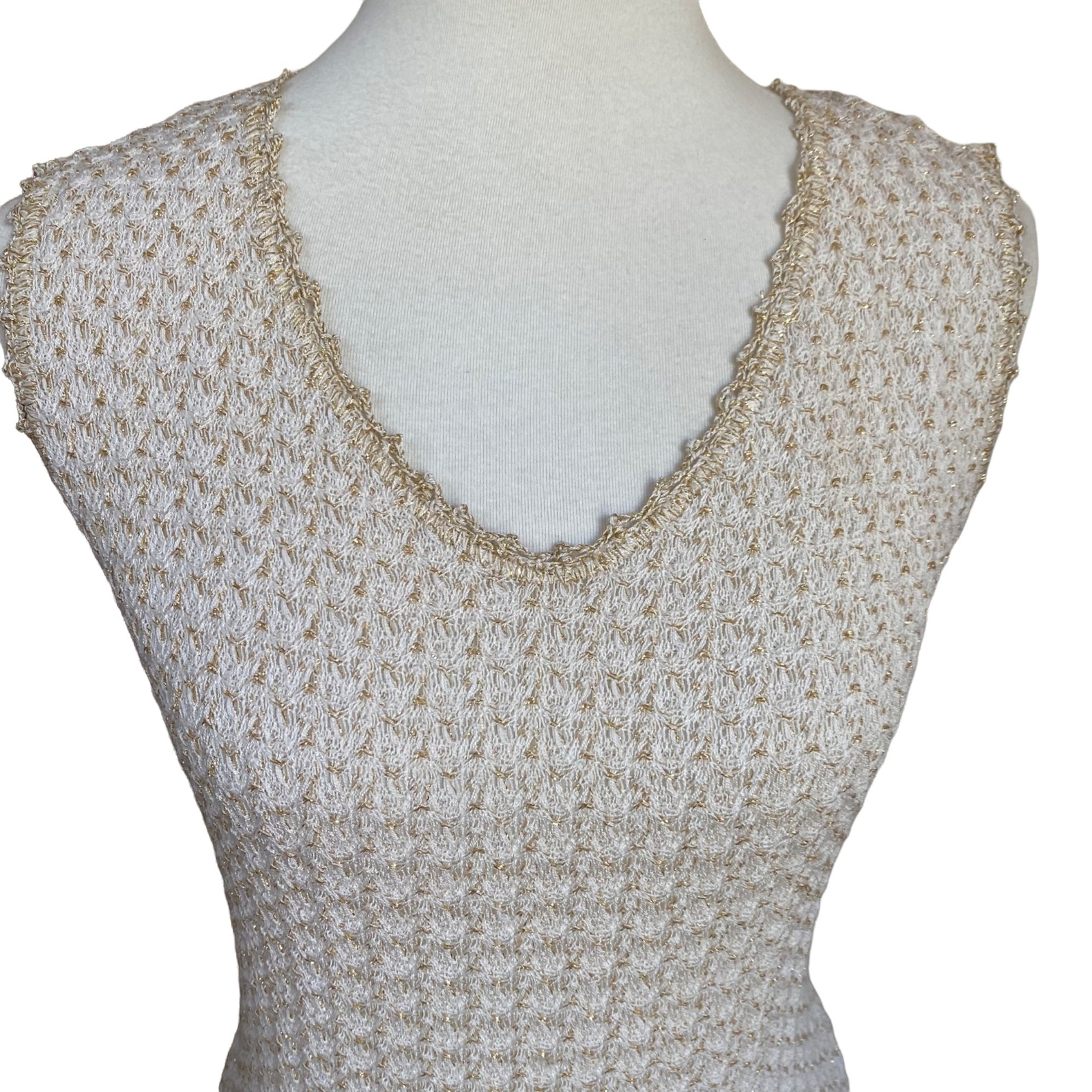 Vintage Crochet Dress Mod 60s 70s Sleeveless Boho Cream Metallic Gold Size Large