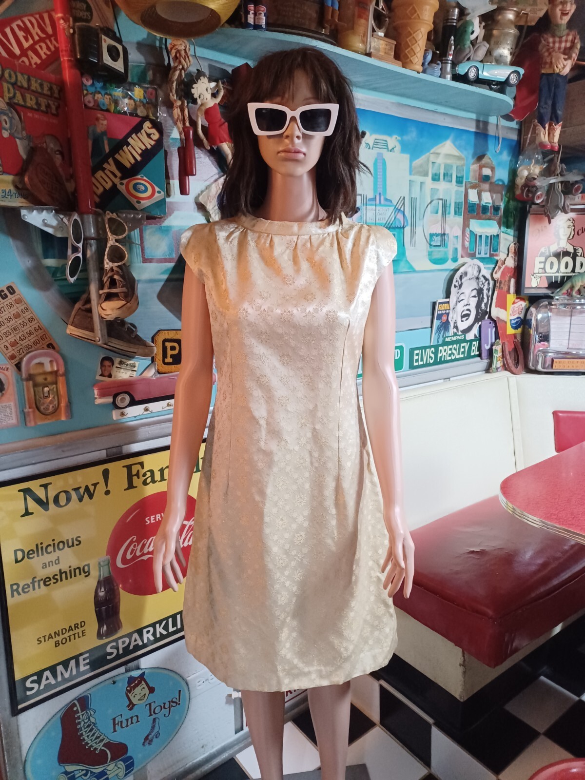 True VTG 1960s Mid-century Gold Brocade Dress Jacket Set Jackie Kennedy S/M MCM