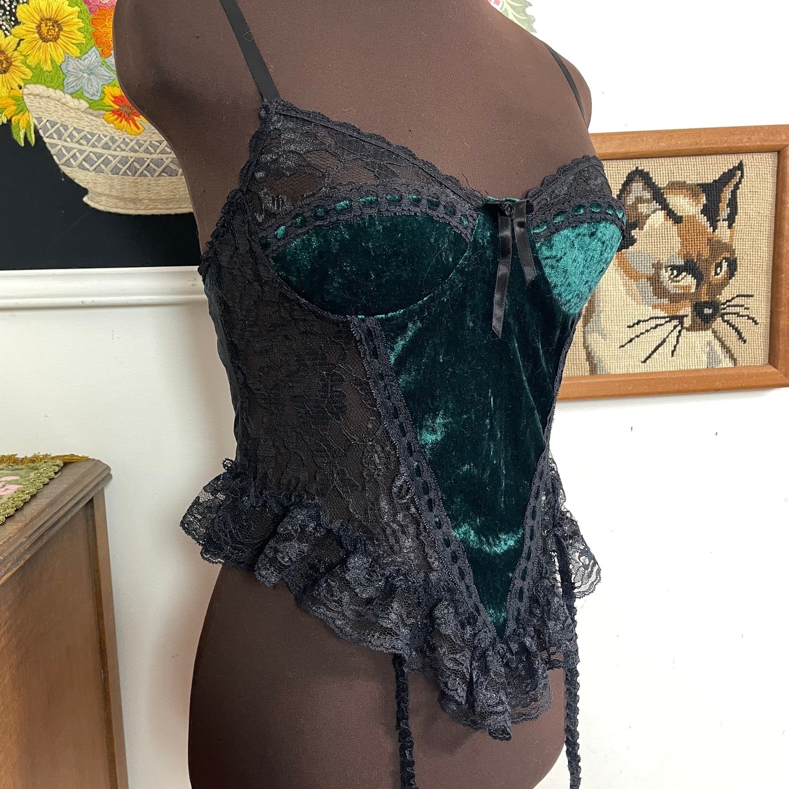 Vintage Green Velvet Teddy w Black Lace Trim, 1970s Corset Style Top w Panty, M