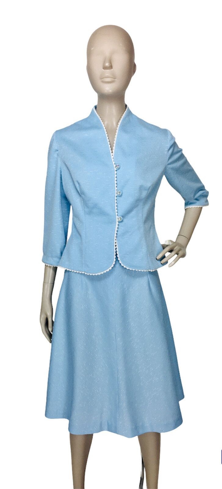 Vintage 60s Blue Rick-Rack Trim Jacket and A-Line Skirt Suit Set XS/S/M
