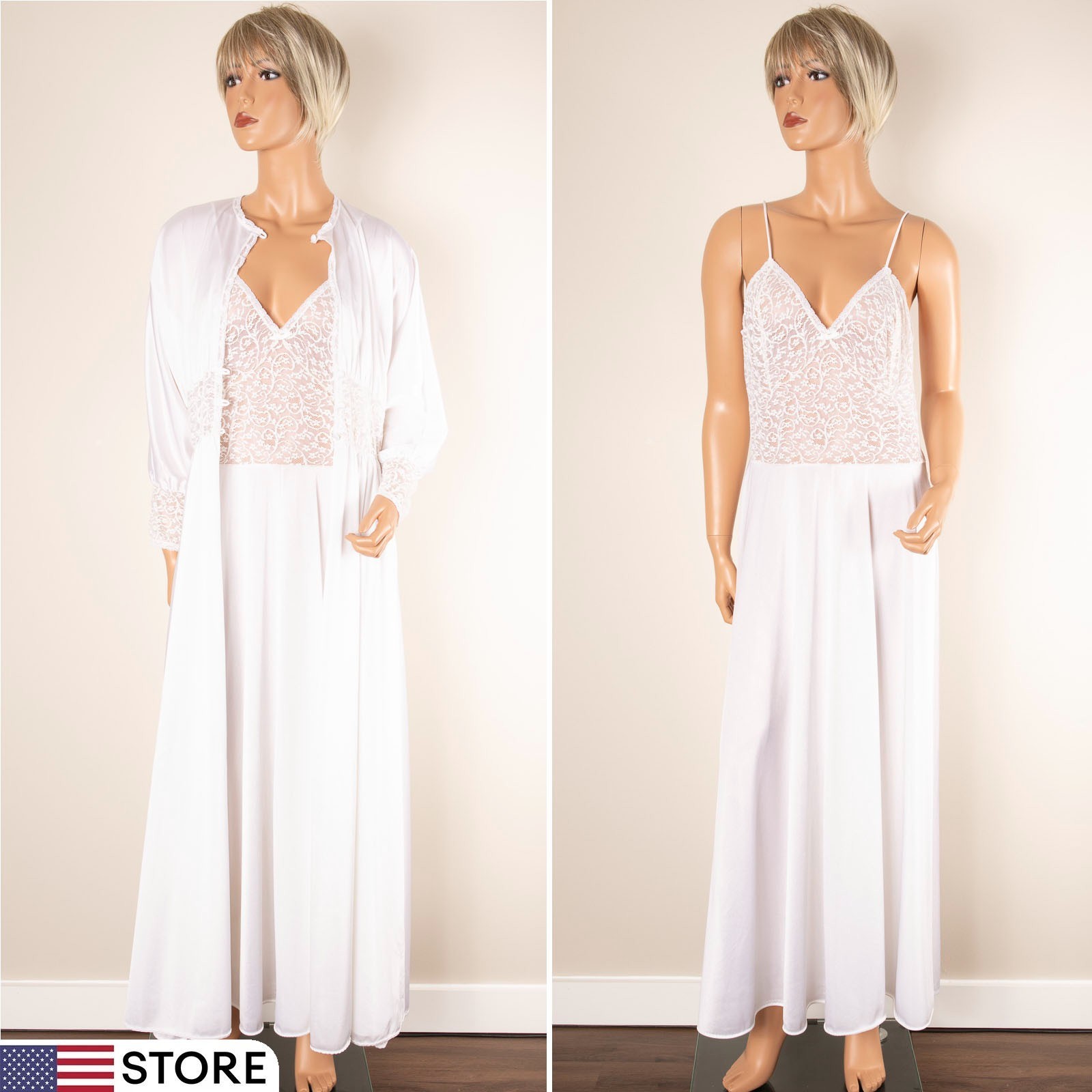VTG VASSARETTE Peignoir Set White LARGE Stretch Lace Bodice Gown & Robe Bridal