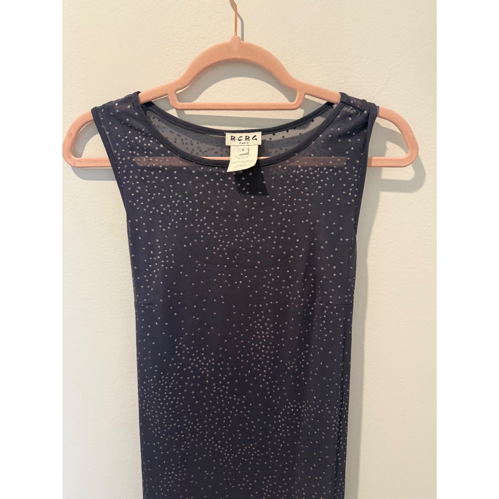 BCBG Paris Vintage 90s Slip Column Dress Gray Glitter Mesh Maxi Fairy Size L