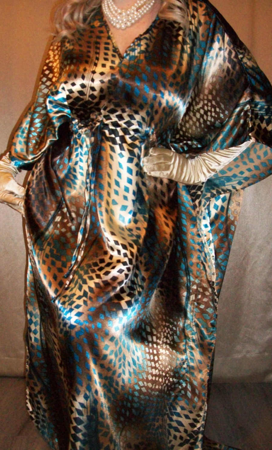 Vtg Gold Peacock Mocha Satin Nightgown L XL