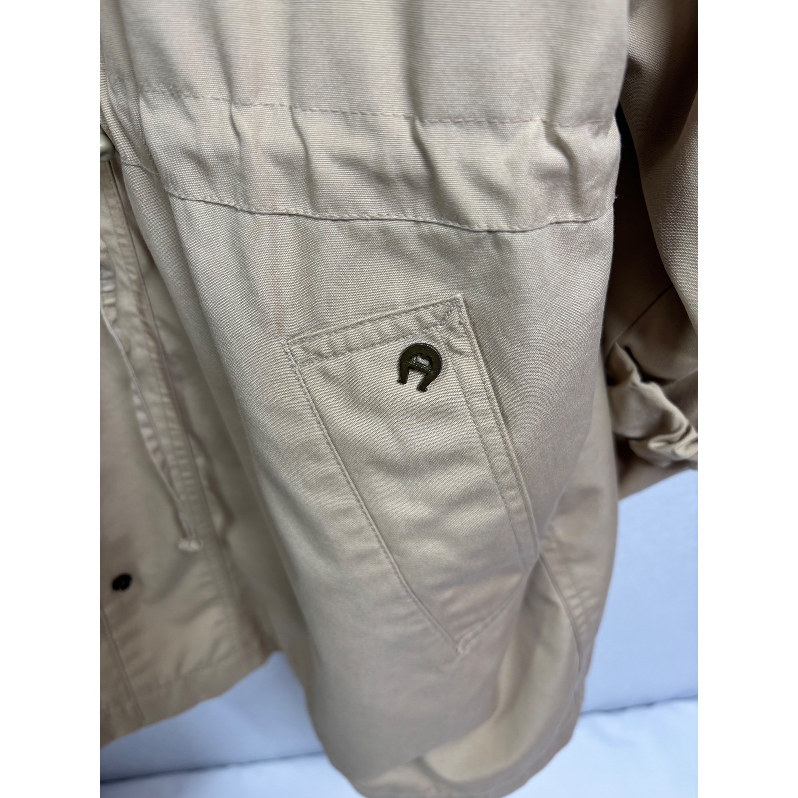 Vintage Etienne Aigner Khaki Trench Coat Tan Rain Jacket Drawstring Waist Sz 16