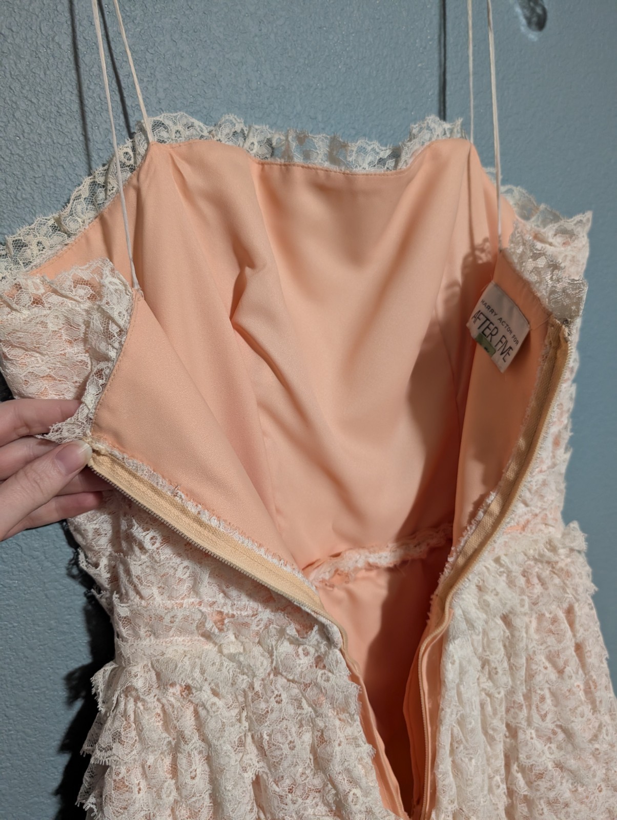 Vintage After Five Harry Action Ivory Lace and Peach Ruffled Dress Sz 10