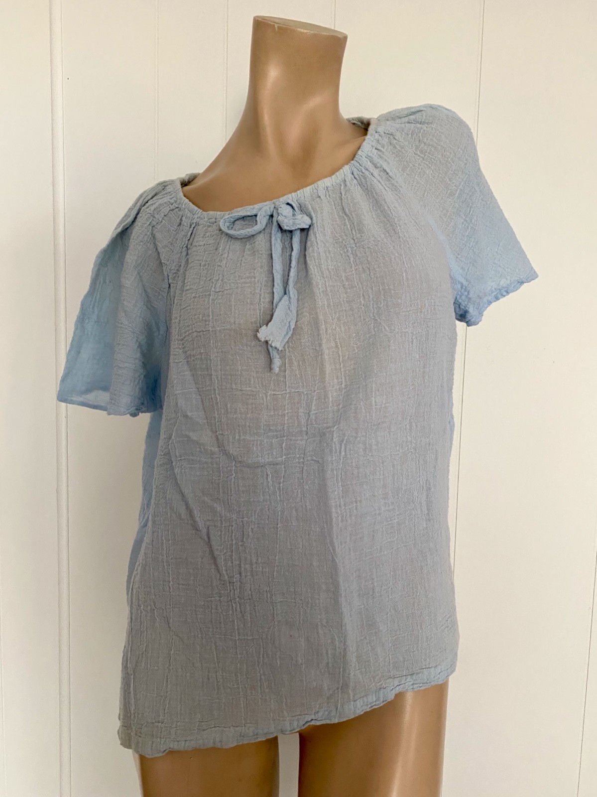 Vintage 1970s Alley Cat Baby Blue Gauzy Cotton Peasant Blouse M L