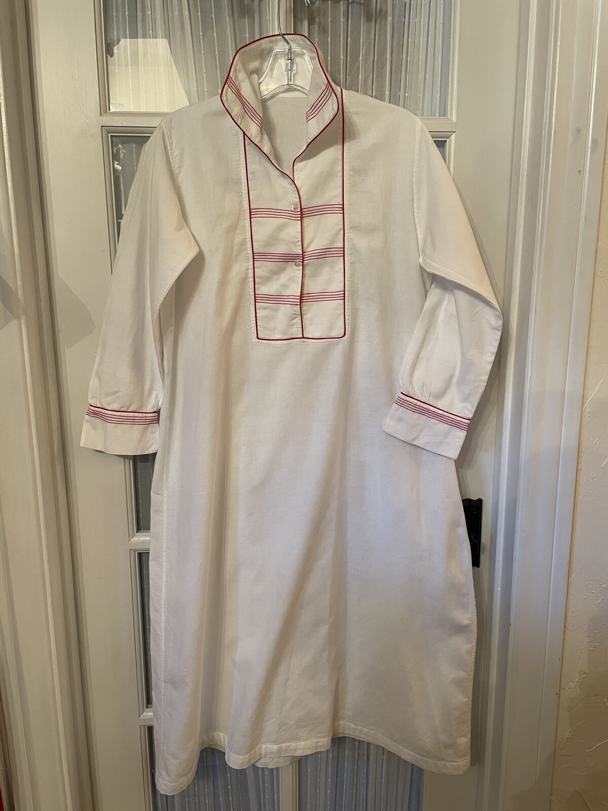 French antique cotton shirt dress, circa 1900-1910, red trim