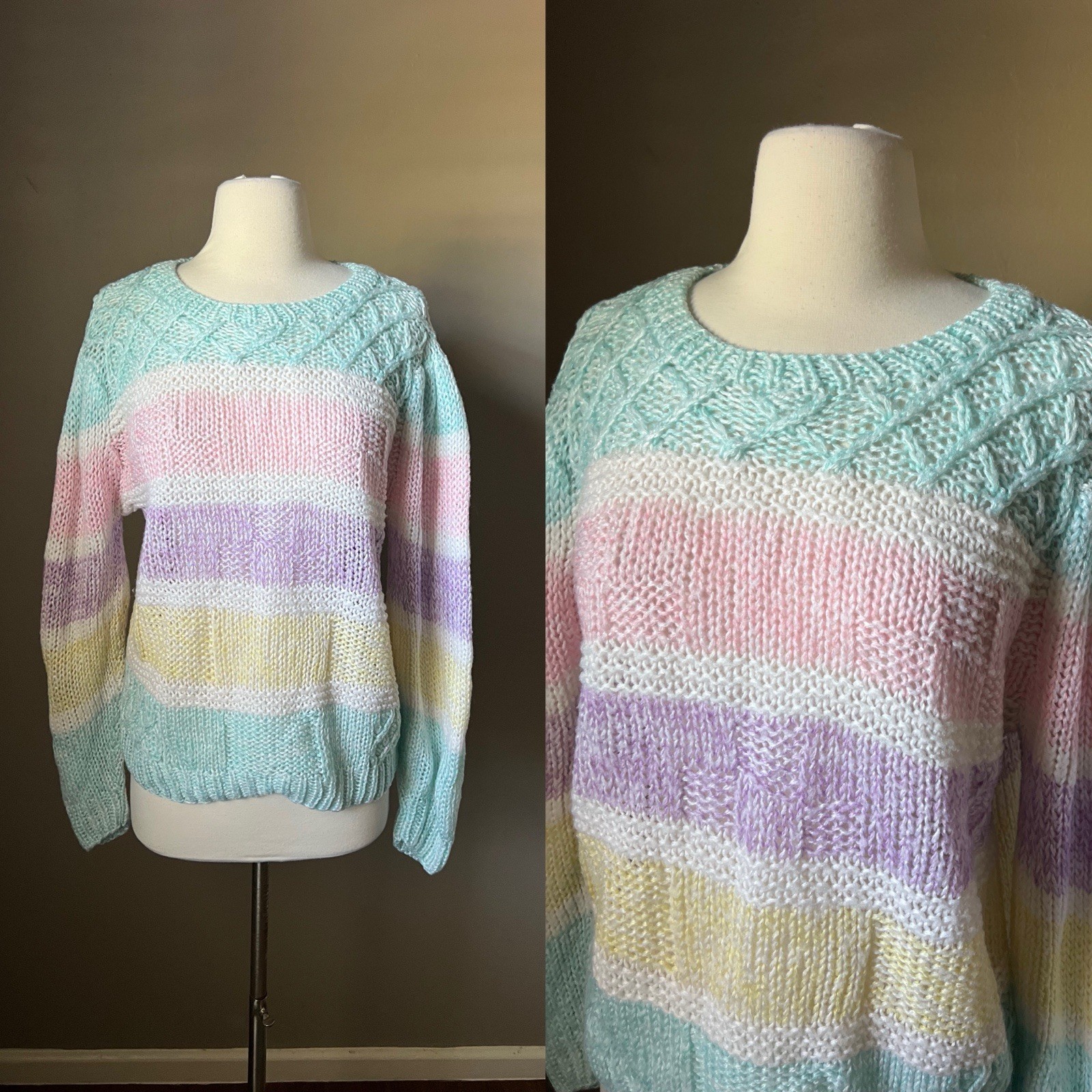 Vintage 80s 90s Knit Sweater Medium Pastel Multicolor Spring Easter Cottagecore