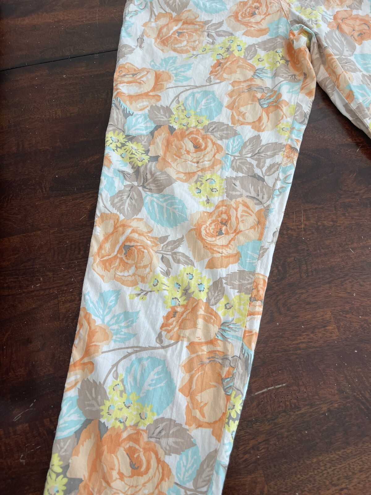Jou Jou Pants Cotton-1980s-made In USA-EUC-floral-orange-turquoise-beige VTG