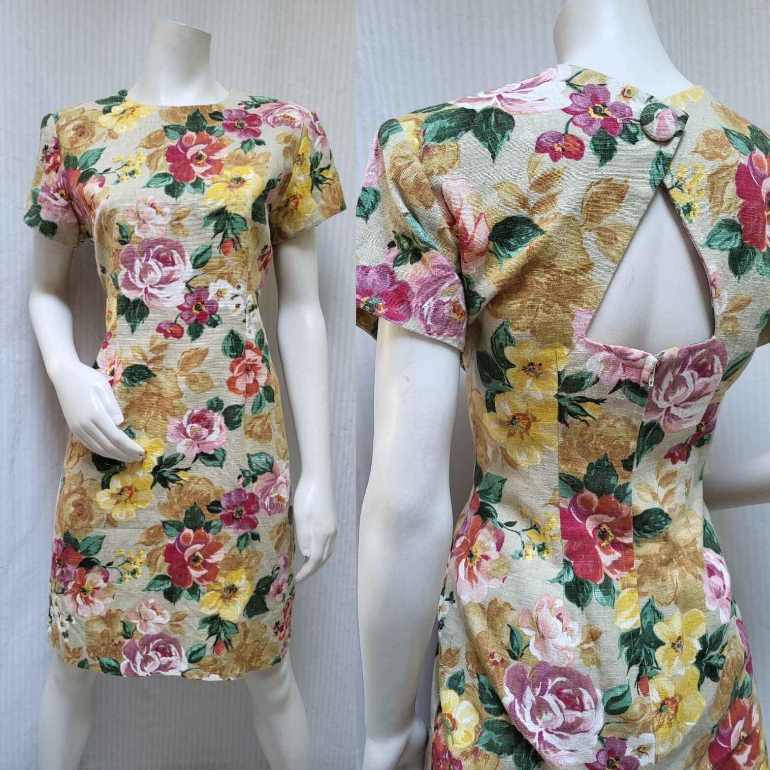 Vintage 80/90’s Casual Corner Floral Cotton Flax Dress – Size M – EUC