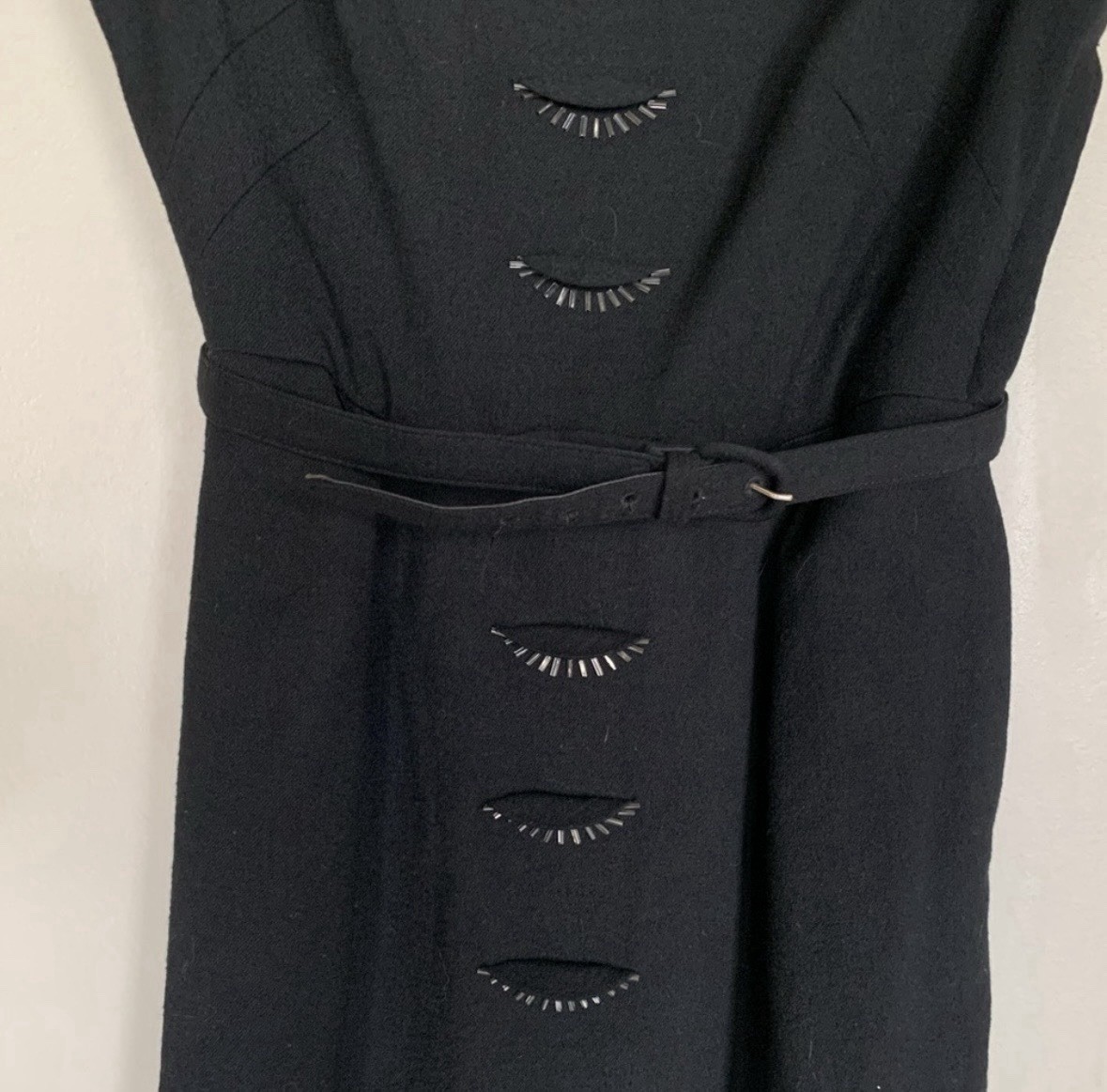 Vintage Carlye Mid-Century Black Belted Wool Beaded Bateau Neckline Midi Dress