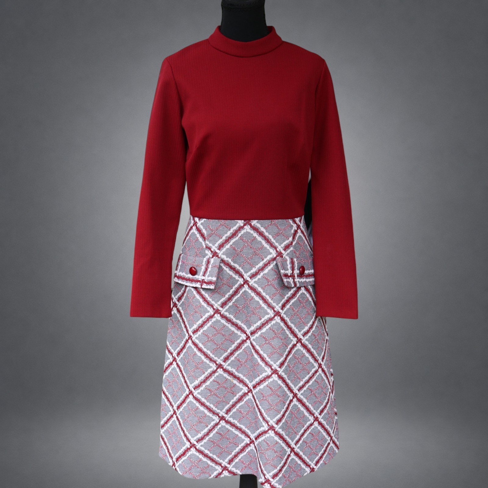 Vintage 1960s Toni Todd Red Mock Neck Plaid A-Line Dress Women’s Medium