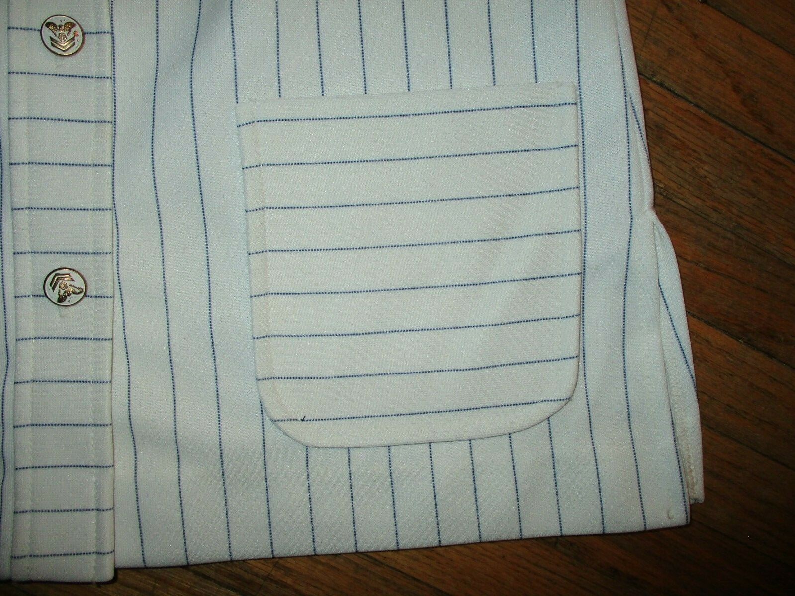 vtg 70s DOUGLAS MARC POLYESTER SHIRT Blouse Top White Blue Pinstripe Eagle USA