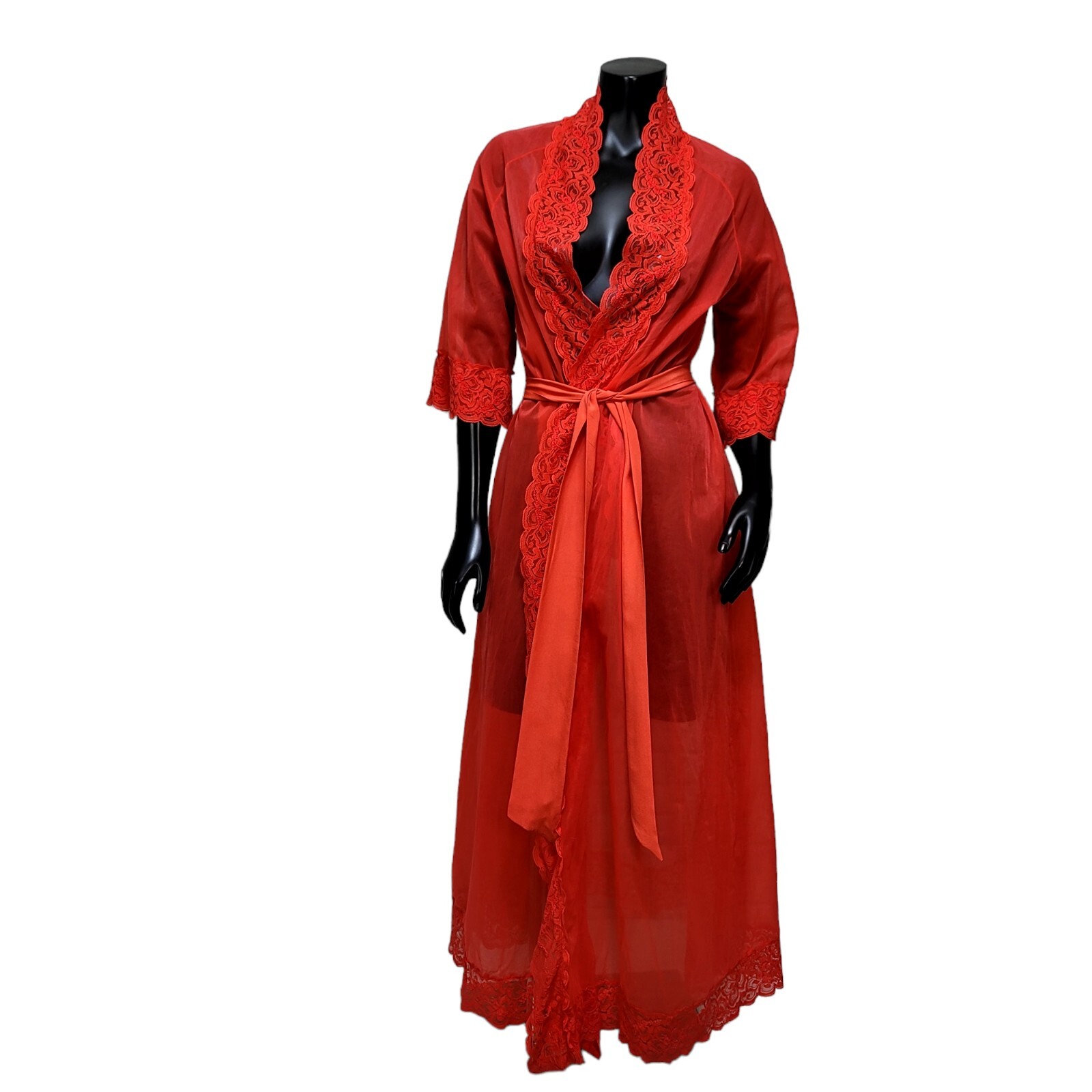 Vintage 70s CHIC Lingerie Size S Red Nylon Full Length Lace Trim Robe Glam