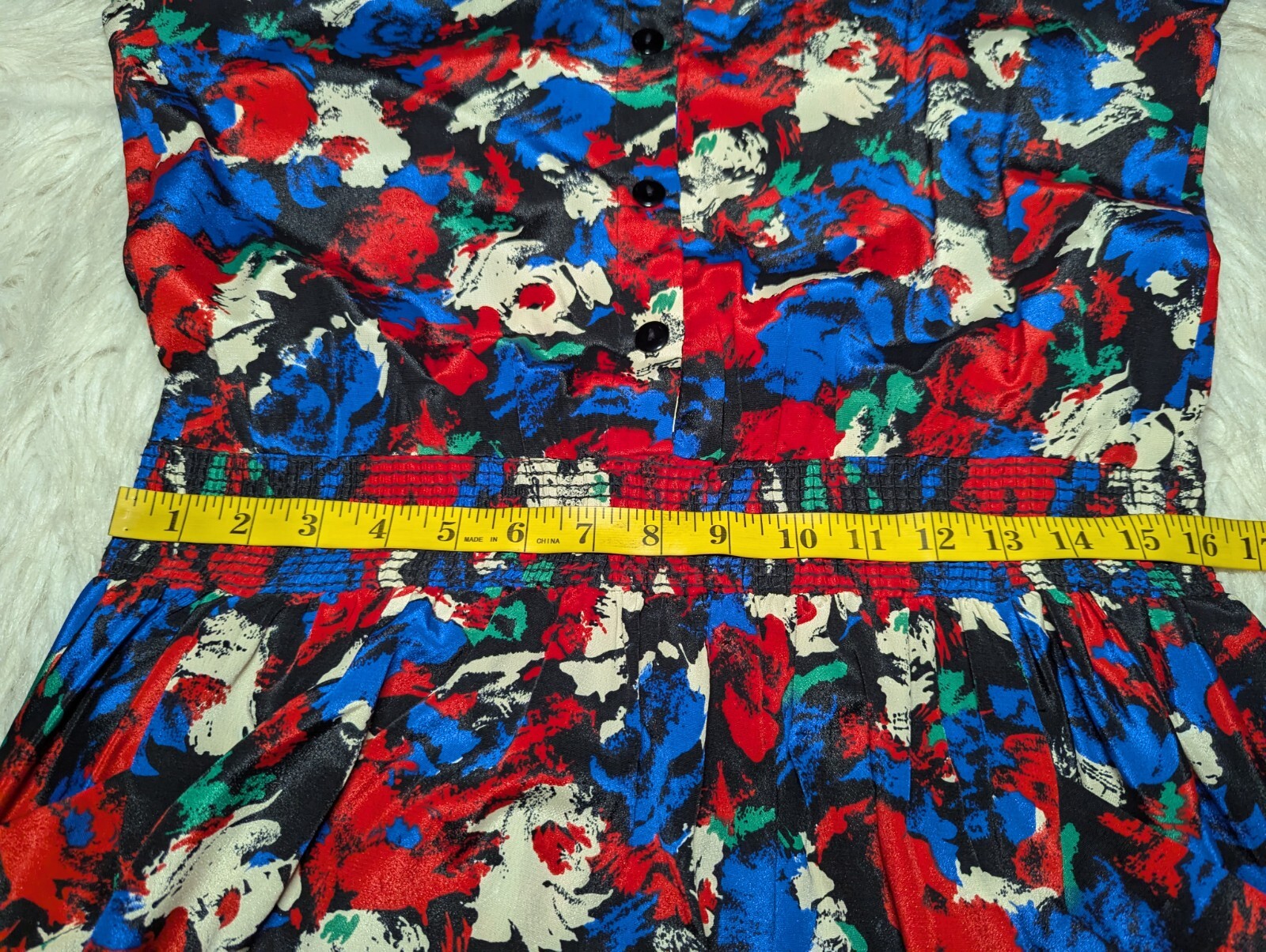 VTG MARCHIONDA OF CALIFORNIA Red White Blue Green SHIFT Dress PUFF Sleeve Sz 10
