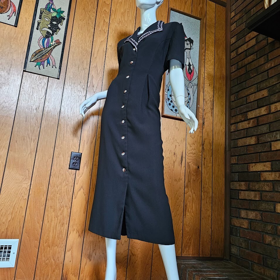 Vintage 90s Sassy Mob Wife Leopard Trim Midi Power Moves Suit Tuxedo Dress M/L