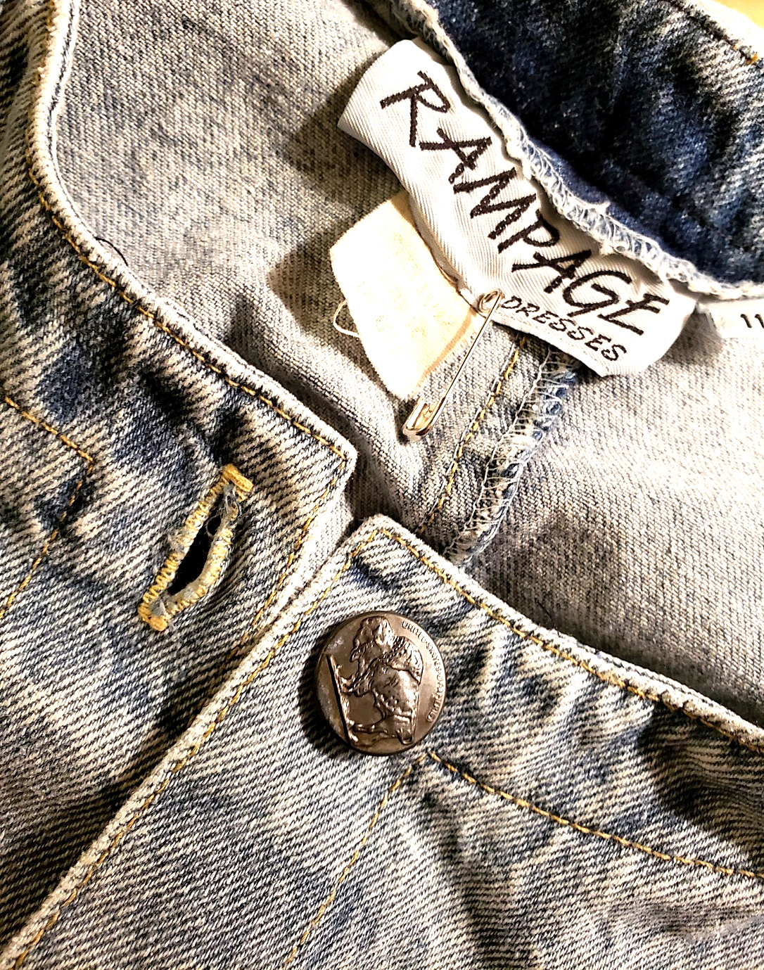 Denim Military Style Denim Dress by RAMPAGE 90s w Brass Buffalo Buttons L