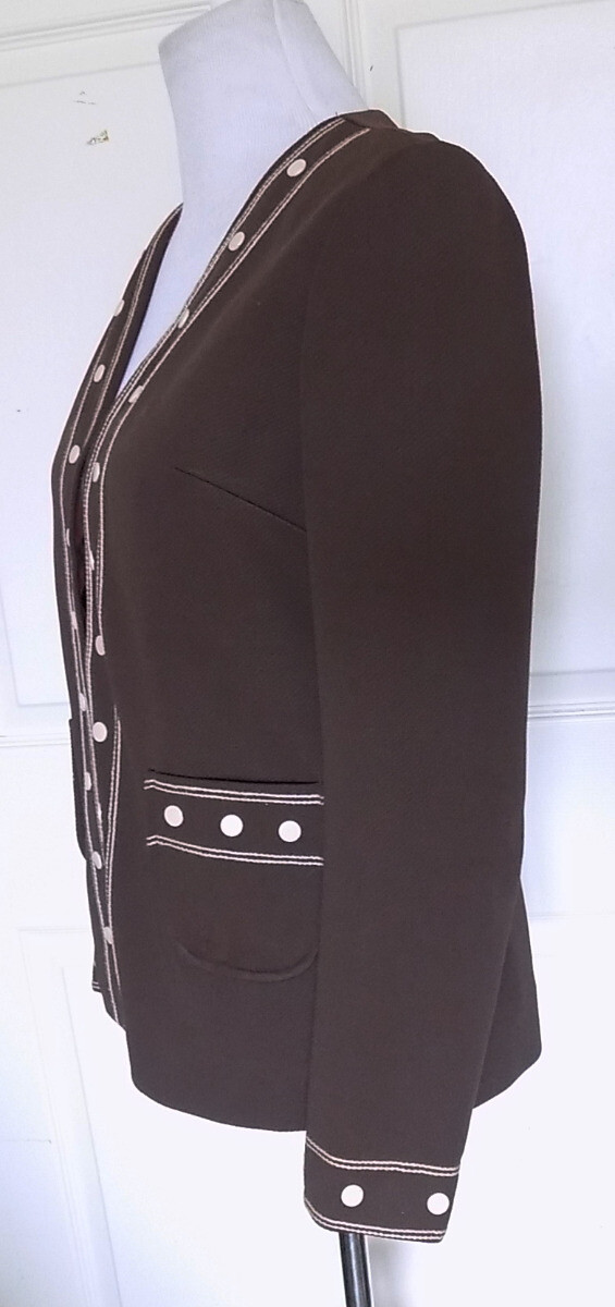 Vintage Brown Polyester Knit Jacket White Trim Judy Wayne B36
