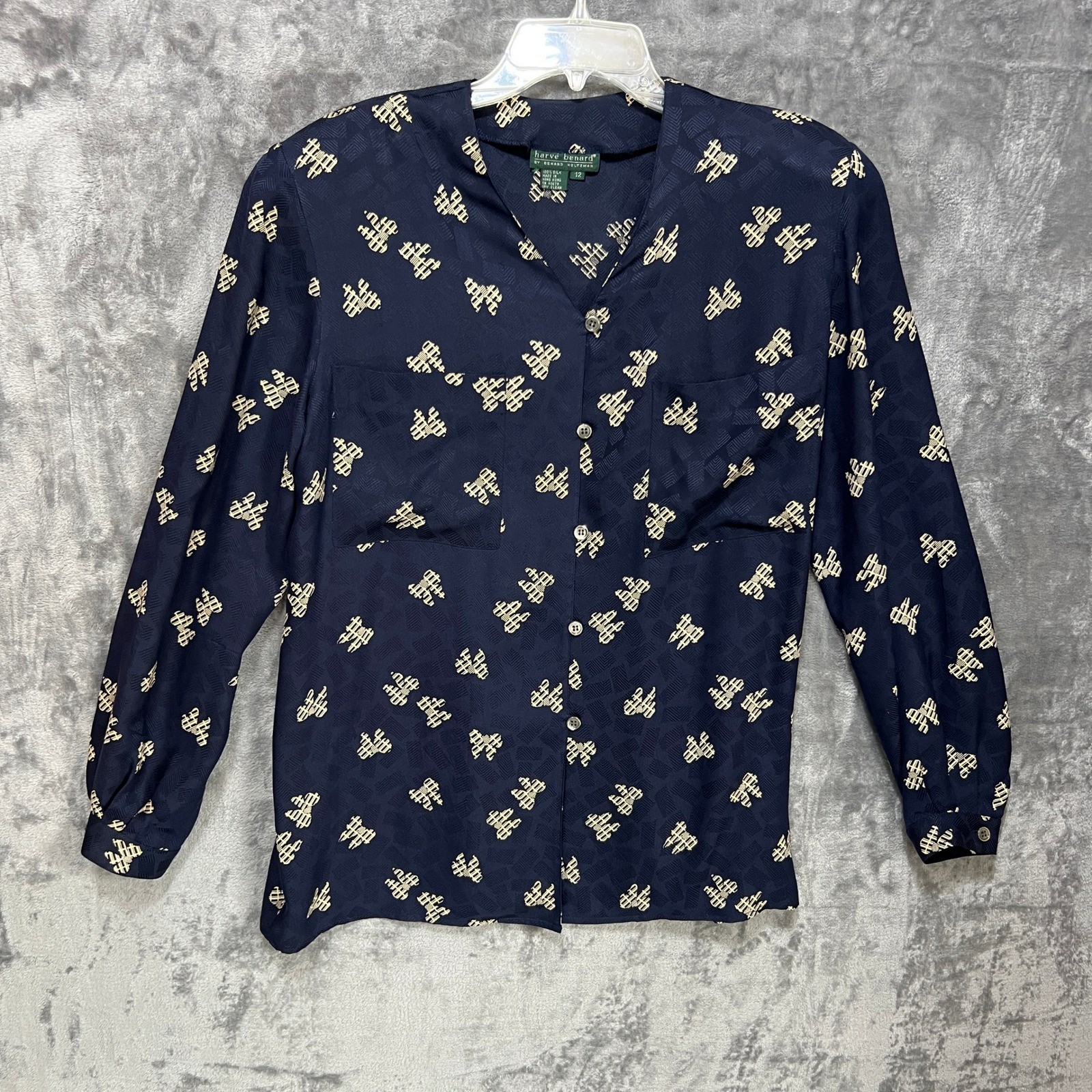 90s Jacquard Bow Print Silk Skirt Blouse Set 12 Navy Office Siren Dark Academia