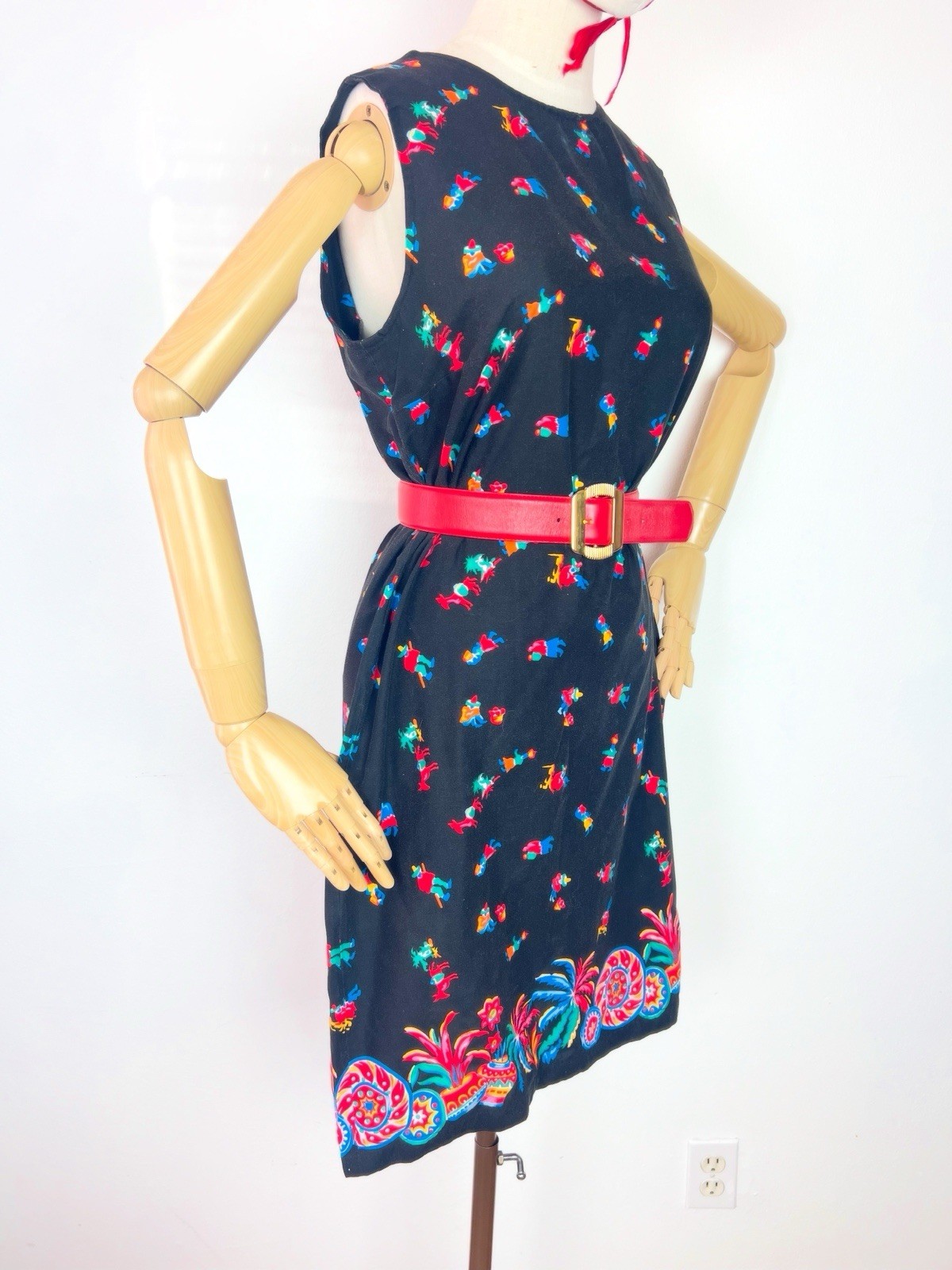 MEXICAN NOVELTY Print 60s 1960’s Vintage Black Cotton Shift Sundress Dress M 36b