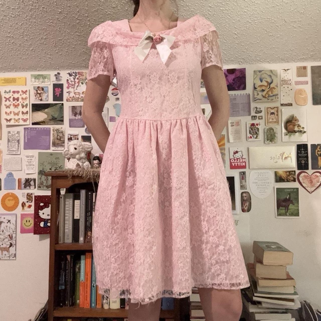Vintage 60s Pink Coquette Lace Babydoll Dress With Bow + Flower