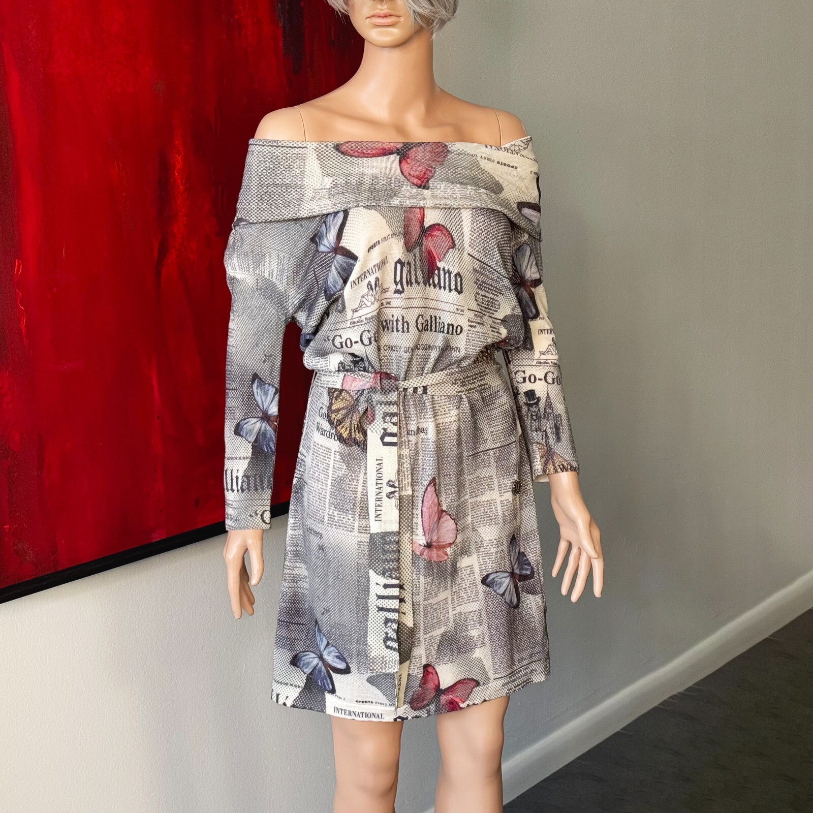JOHN GALLIANO 2000s Gazette Newspaper Butterfly wool stretch dress print size M