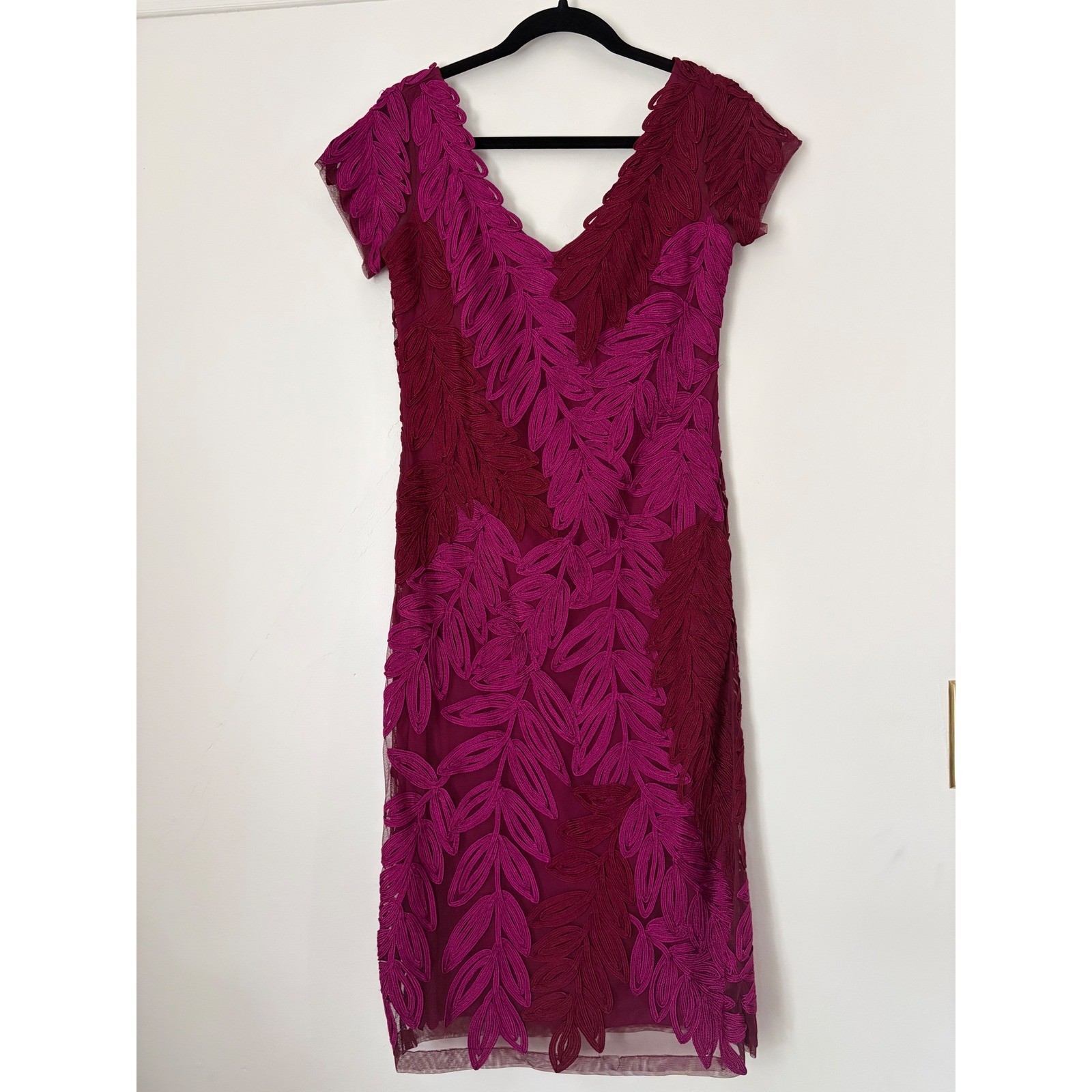 JS Collection Hot Pink Plum Soutache V-neck Midi Dress Leaf Embroidery size 4