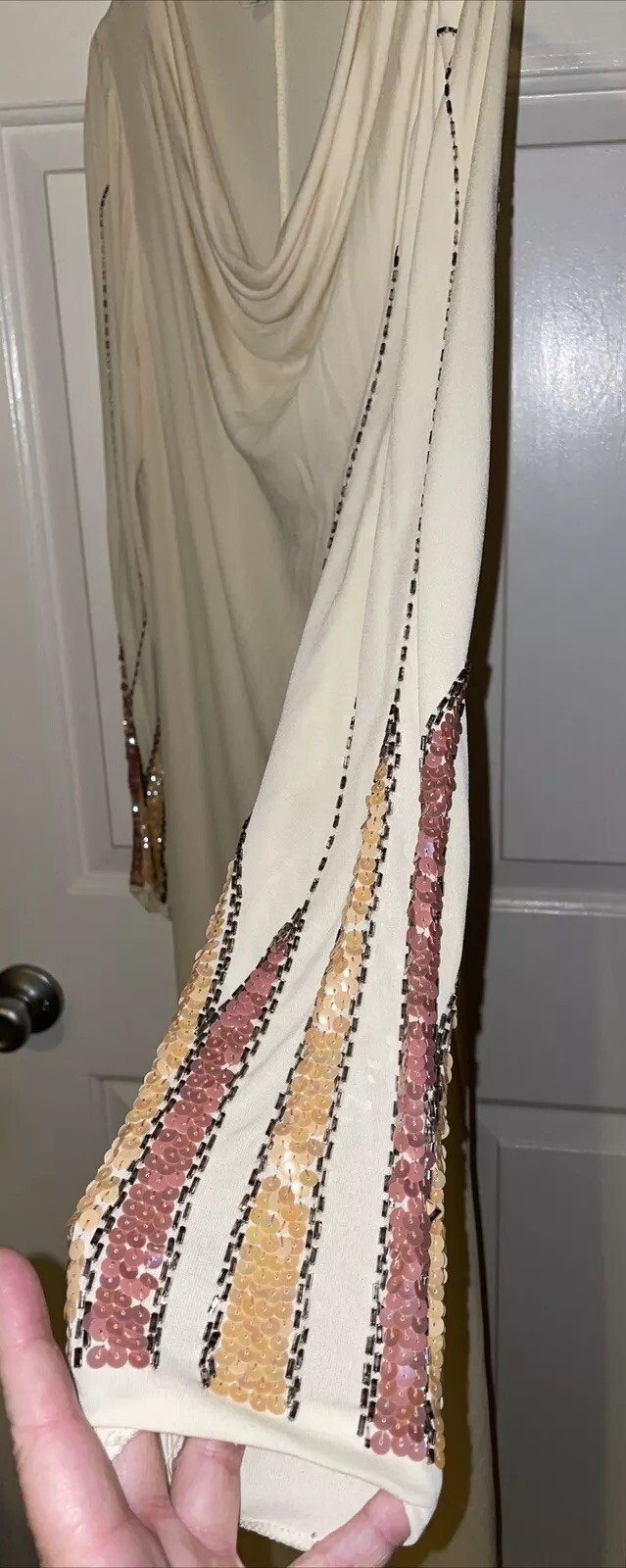 Vintage Muney New York Size 10 Cream Dress Sequin Beaded Long Sleeves