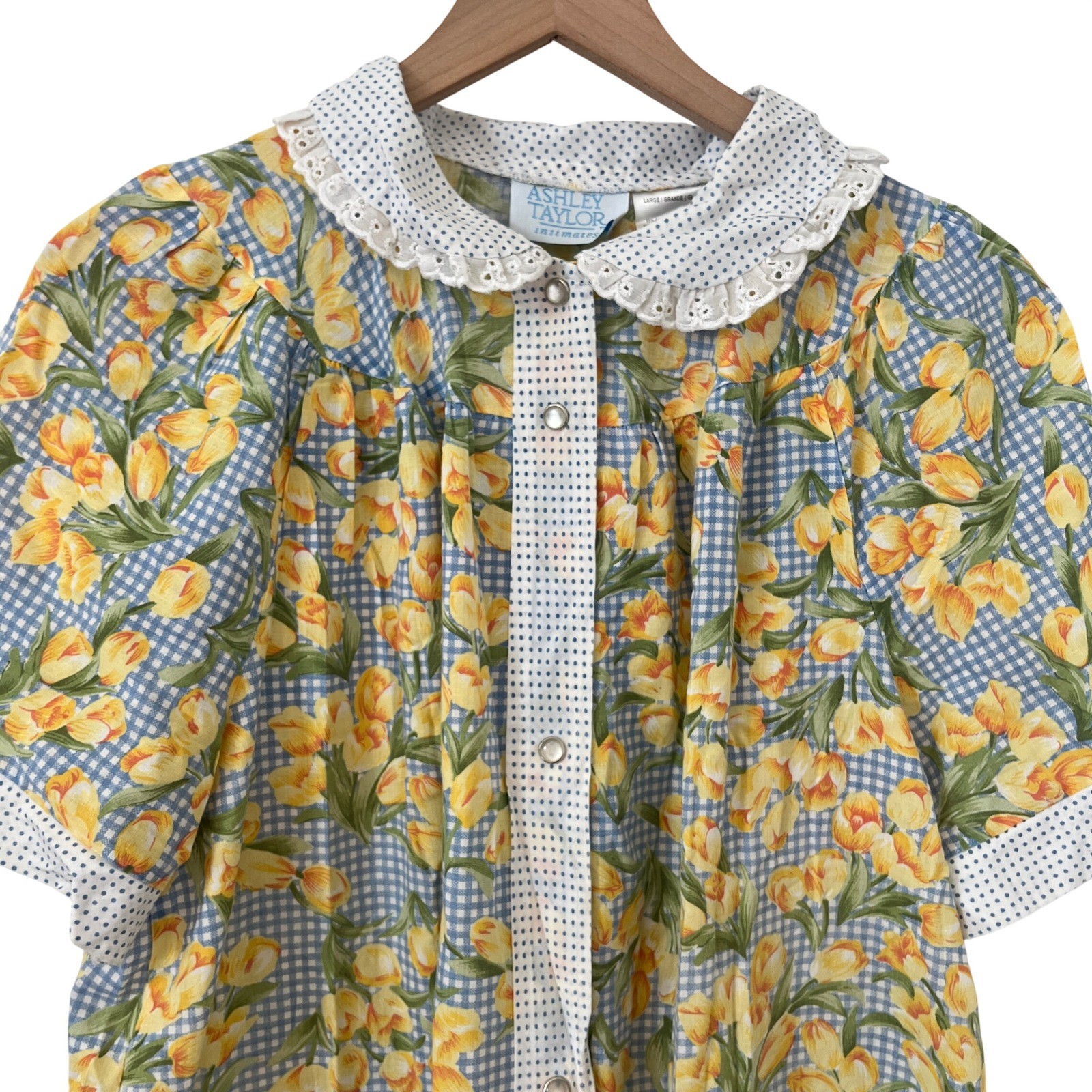 Ashley Taylor Floral Gingham Pearl Snap House Dress Blue Yellow Large Vintage