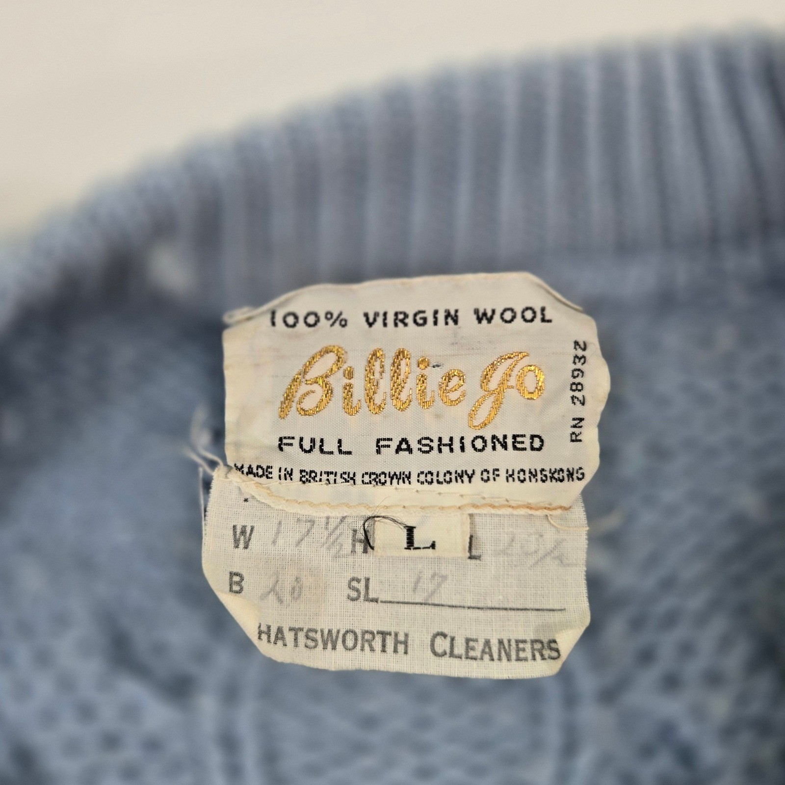 Vintage Billie Jo Blue Wool Cardigan Sweater L Large Cable Knit Hong Kong 70s