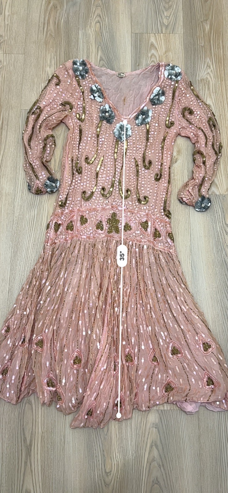 FLAPPER 1920’S GELATIN SEQUIN + BEAD BLUSH PINK SILK DRESS MADE IN INDIA LARGE