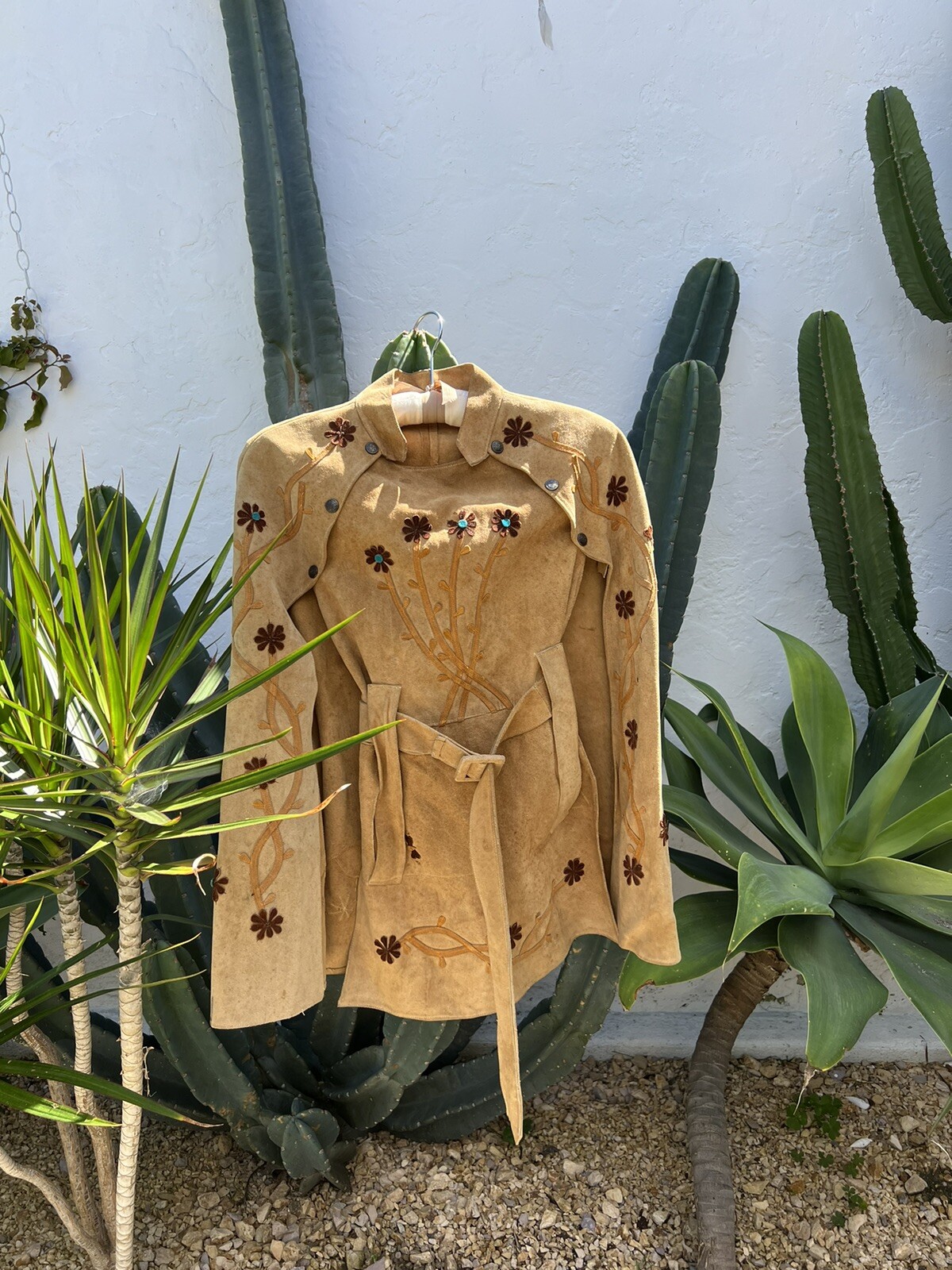 Vintage 70s Tan Suede Cape Coat Jacket Flowers Heart Jacket