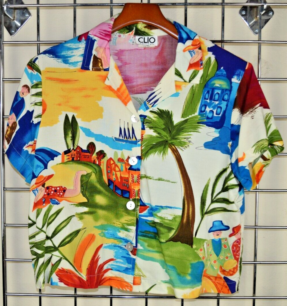 Vintage Womens Top Clio Petites Size Petite L 90s Tropical Paradise Made USA