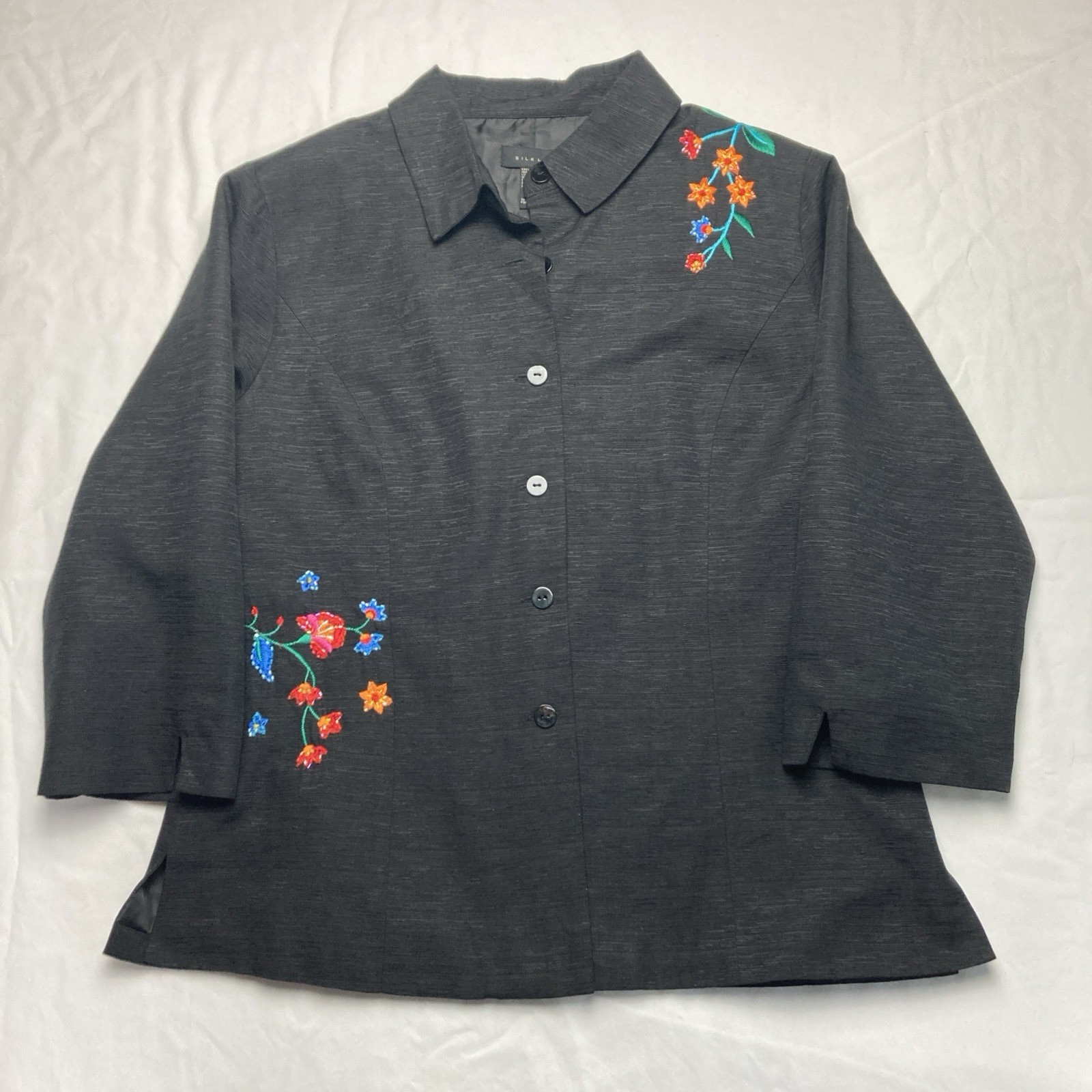 Silkland 3/4 Sleeve SZ LG Blazer Cardigan Lined Embroidered Beaded 100% Silk