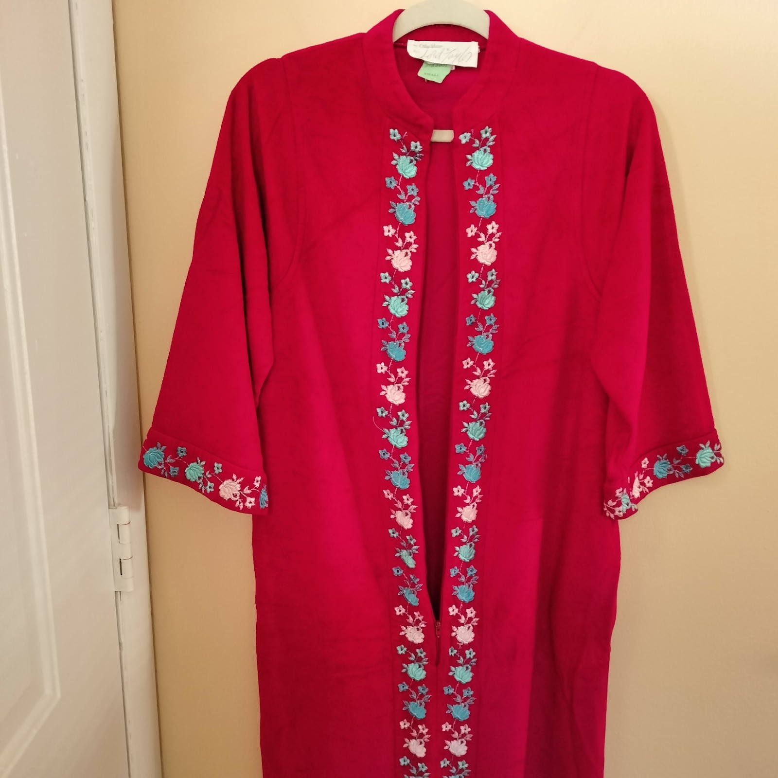 Evelyn Pearson Red Vintage Zip Floral Embroidery House Coat Robe S Golden Girls