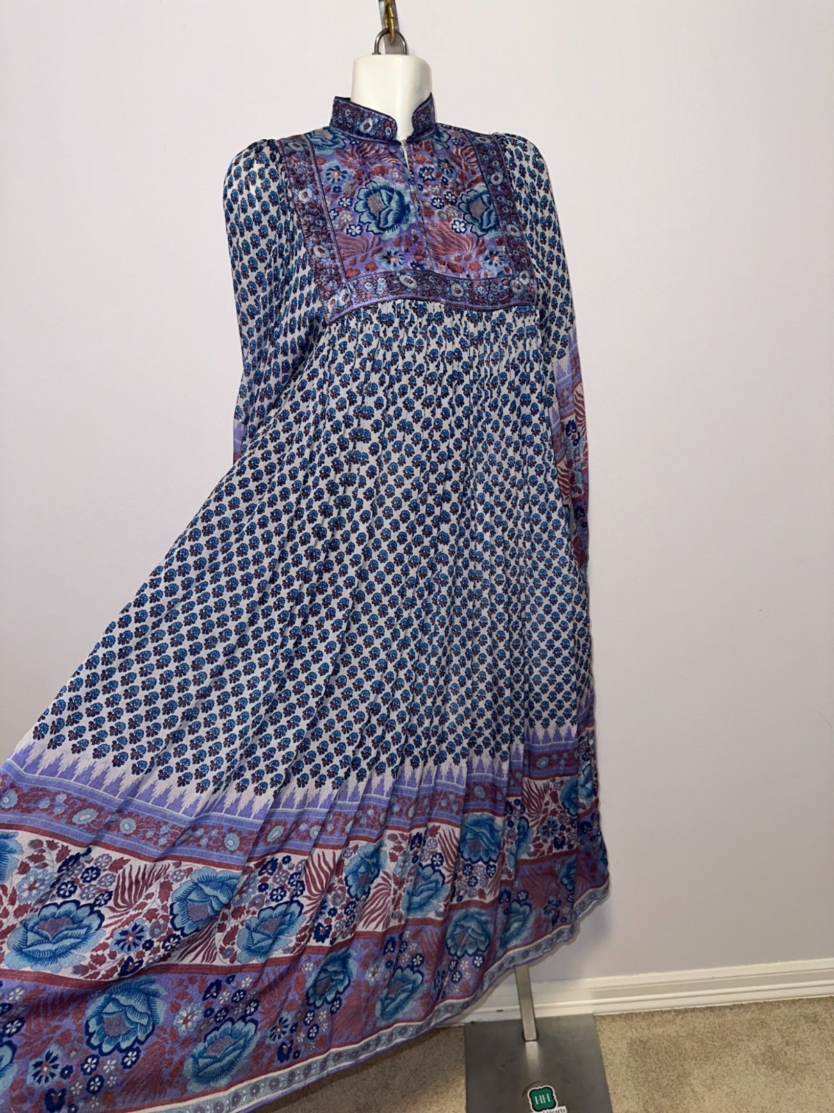 Vintage 70s Ritu Kumar Judith Ann Silk Block Blue Kaftan Dress XS Balloon Sleeve