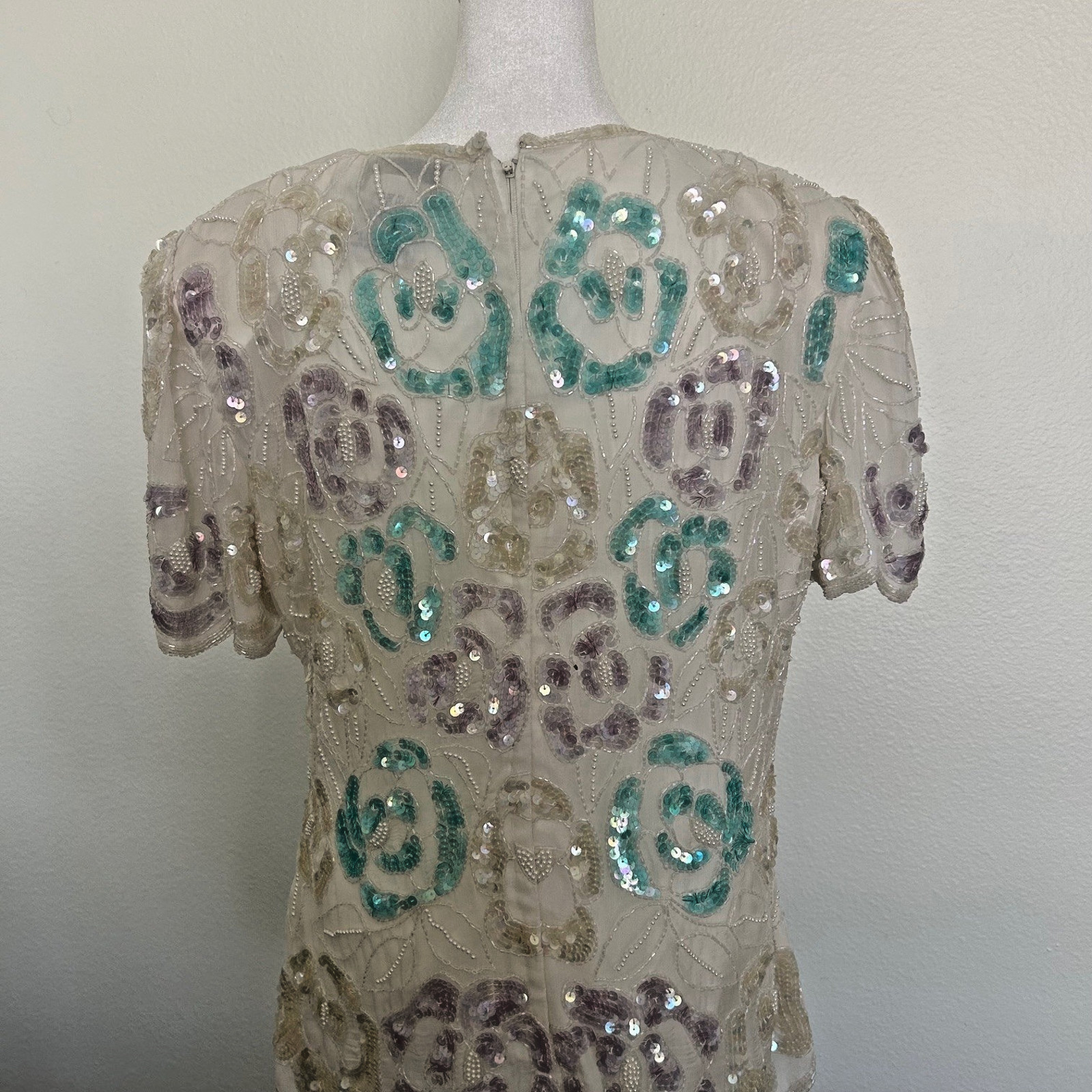Papell Evening Silk Blouse Womens L Ivory Sequin Beaded Floral Vintage VNeck