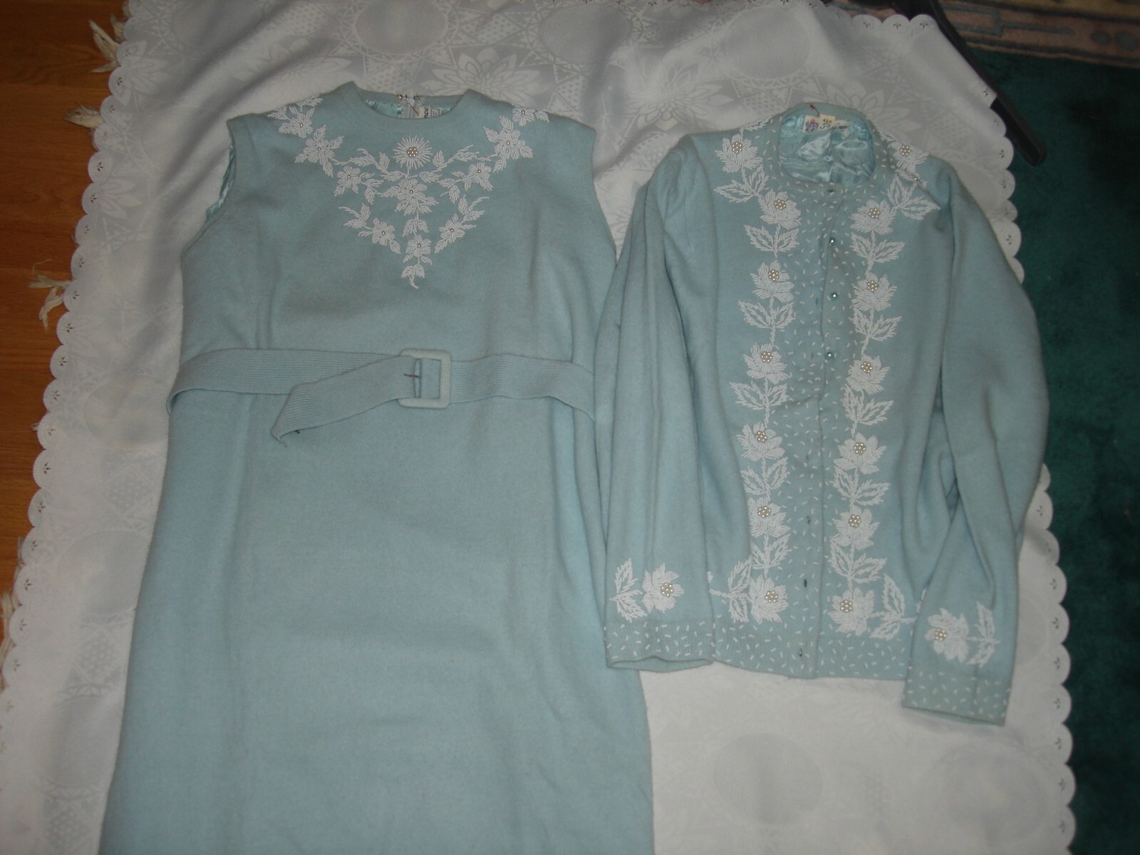 Vtg 50s Prince Beautiful Unique Set Dress Sweater Ice Baby Blue White Beaded M