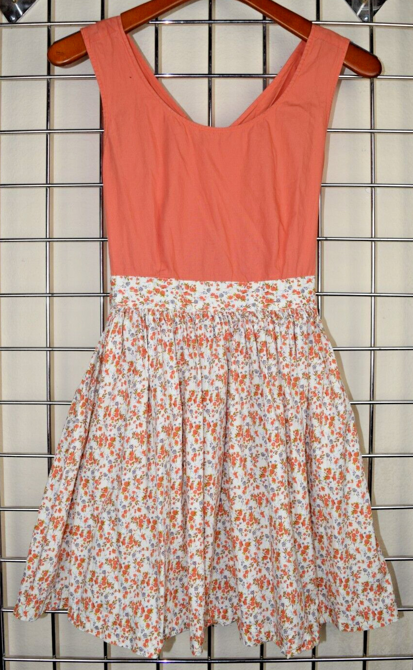 Vintage Dress Size S 70s Peachy Orange White Floral Skirt Crisscross Back