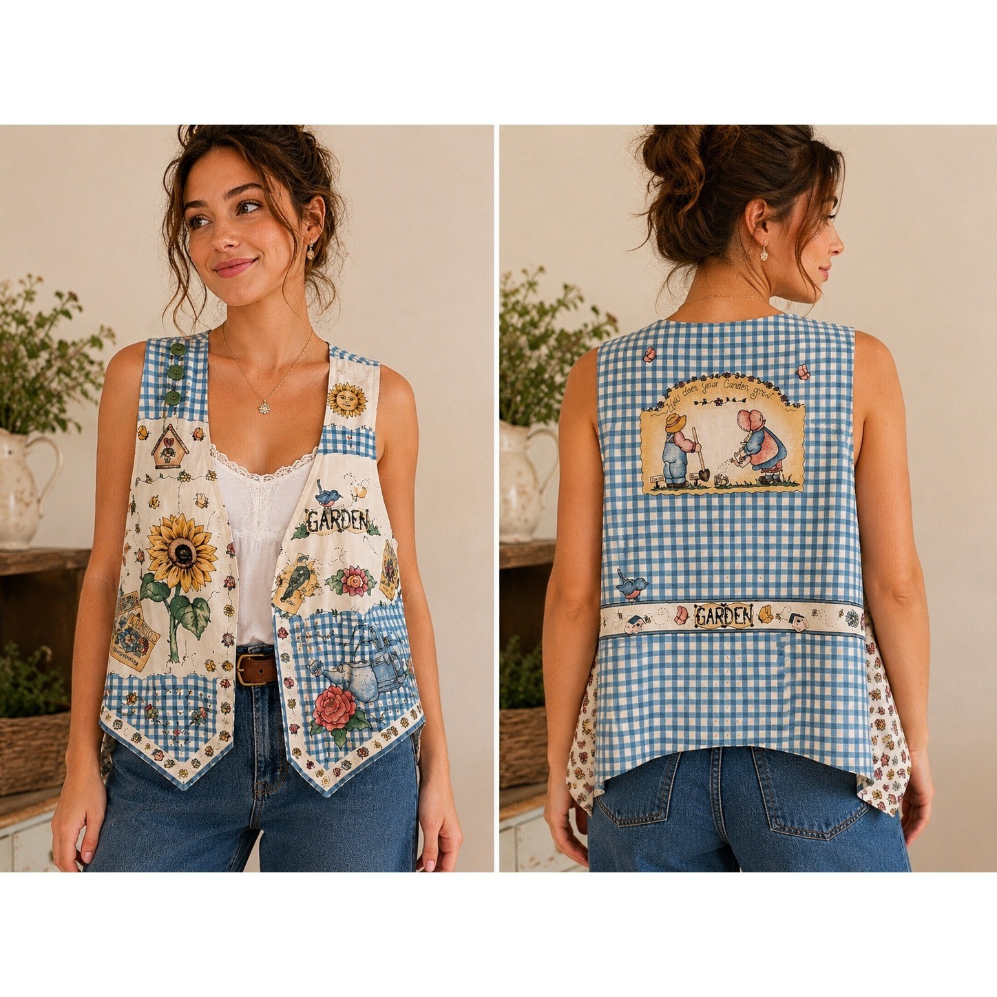 Vintage Reversible Garden Floral Vest Blue Gingham Sunflower Novelty Buttons