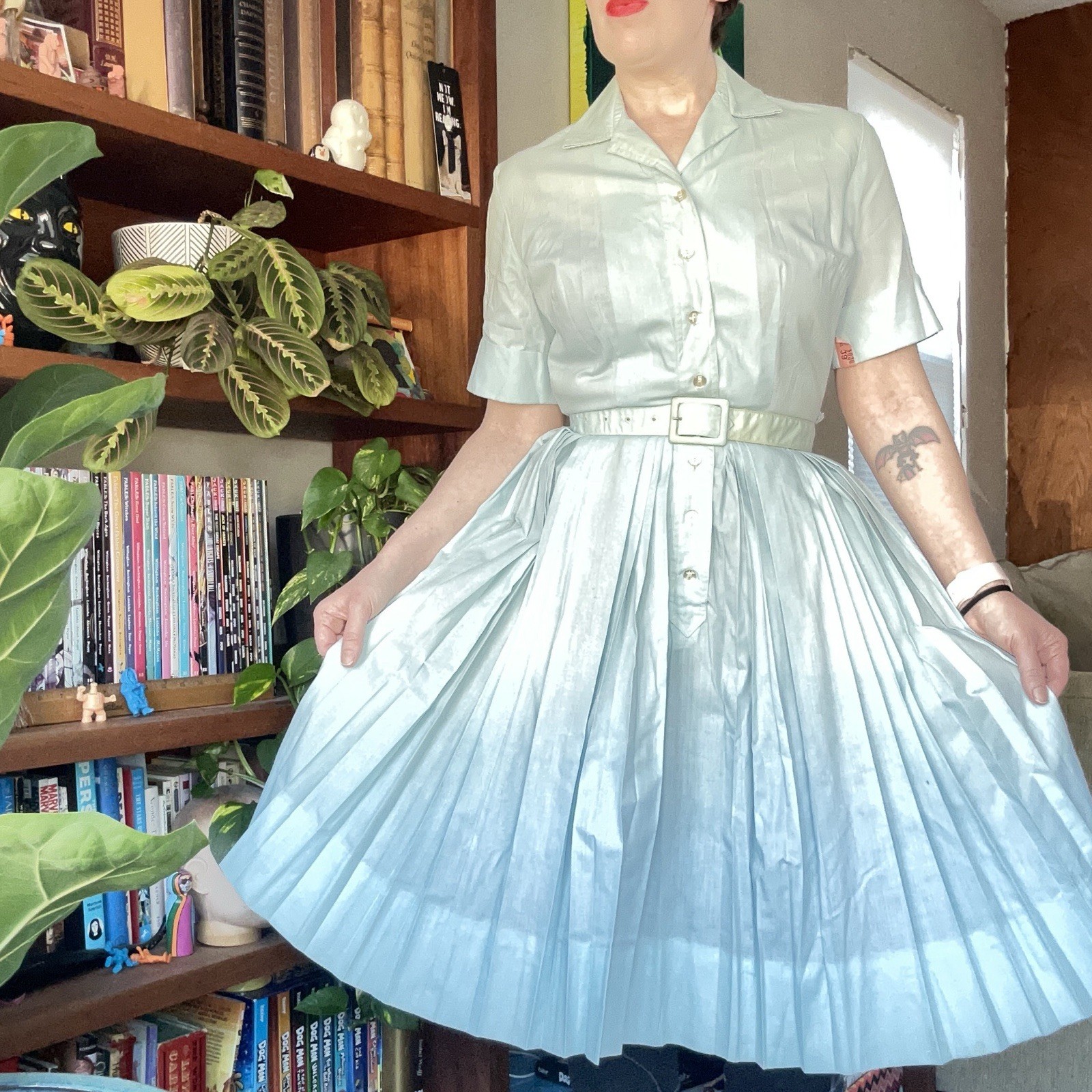 Vintage Light Blue Pleated Belted Dress by Westbury Fashions