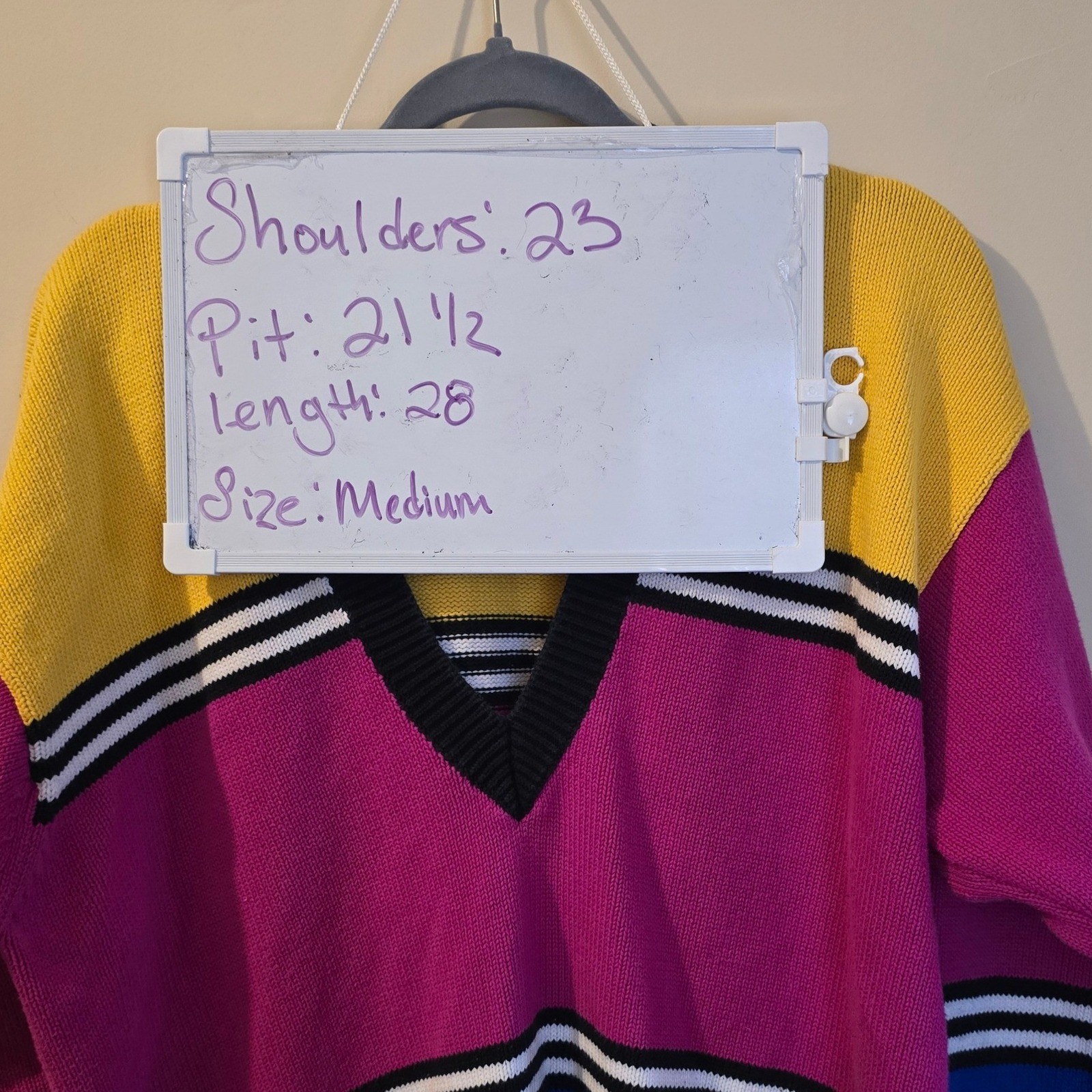 Lizsport Vintage Colorblock V-Neck Sweater Yellow Pink Blue Cotton Womens Medium
