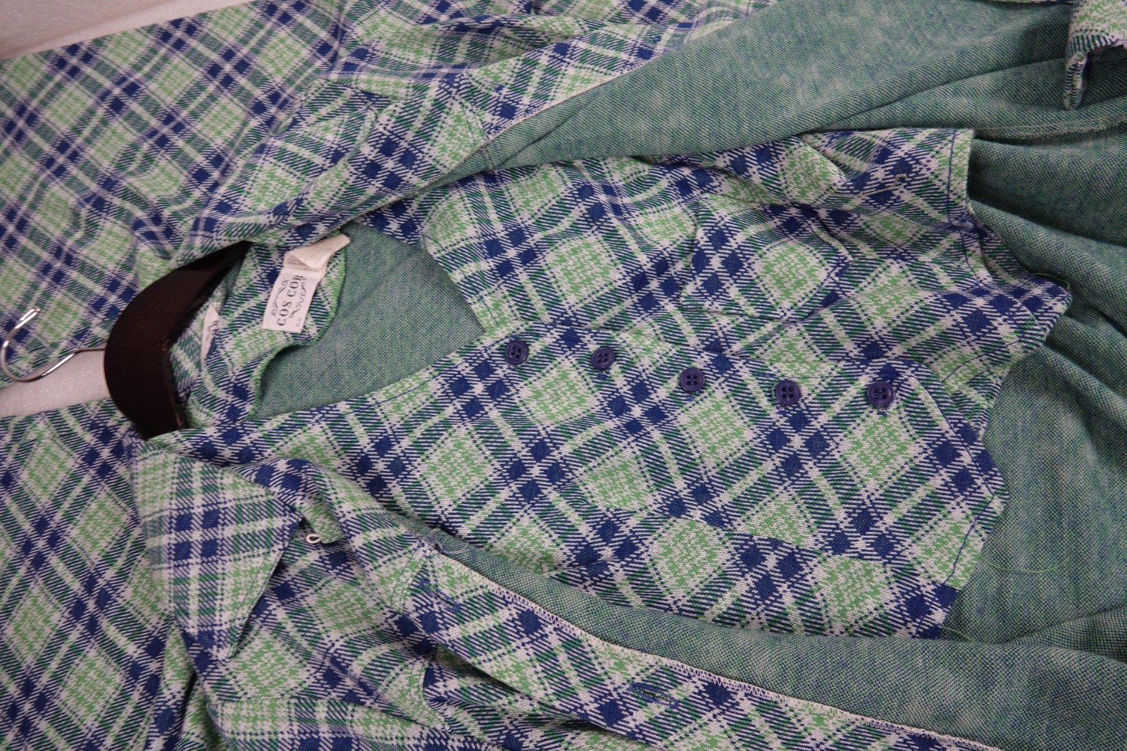 WOMANS VINTAGE 3 PIECE COS COB GREEN & BLUE PLAID ACRYLIC USA SIZE 11/12